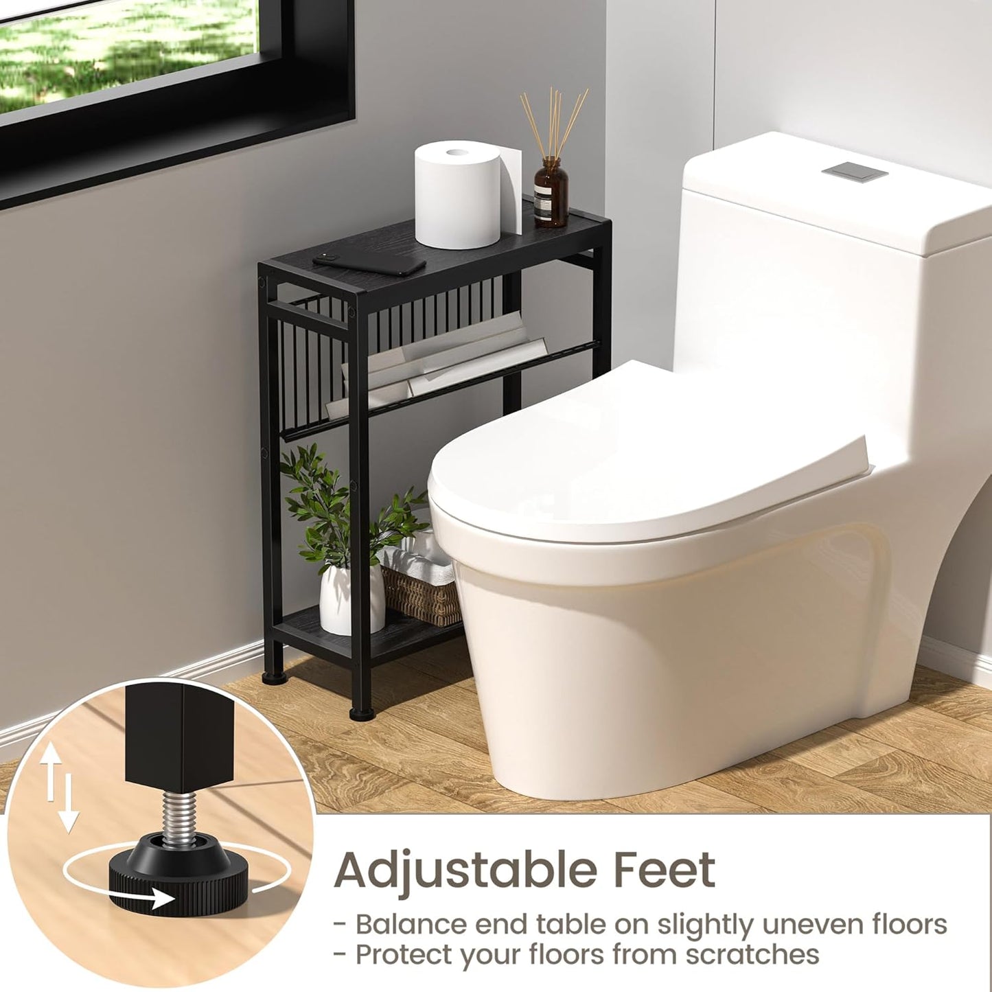 End Table for Small Space, 3-Tier Narrow Side Table with Magazine Holder, Nightstand, Skinny Snack Couch Table in Living Room, Bedroom Study and Balcony (Black)