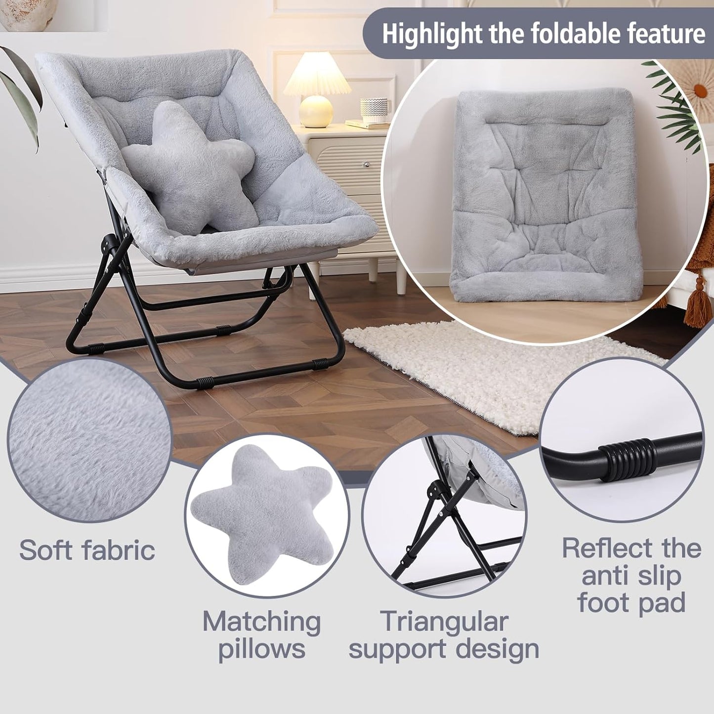 Welnow Comfy Saucer Chair, Oversized Folding Reading Chair for Adults with Throw Pillow Soft Faux Fur Lounge Chair for Bedroom Furry Accent Chair for Living Room, Dorm Rooms, Grey