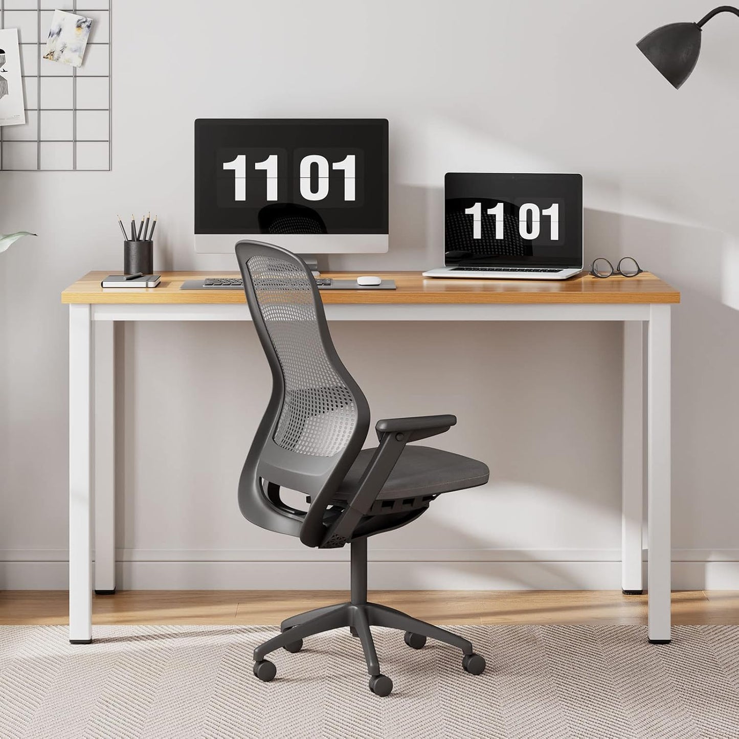 Need Computer Desk, 47 inch Home Office Desk, Modern Simple Style Home Office Gaming Desk, Basic Writing Table for Study Student, White Metal Frame, Teak