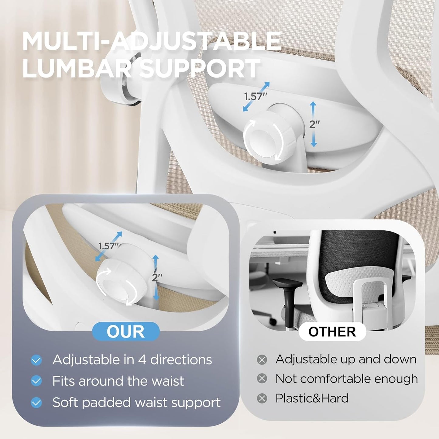 Ergonomic Office Chair with Footrest,Ultra Thick Reclining Desk Chair with Adjustable 2D Lumbar Support and Headrest,Spring Cushion,High Back Premium Mesh Computer Chair,Cream