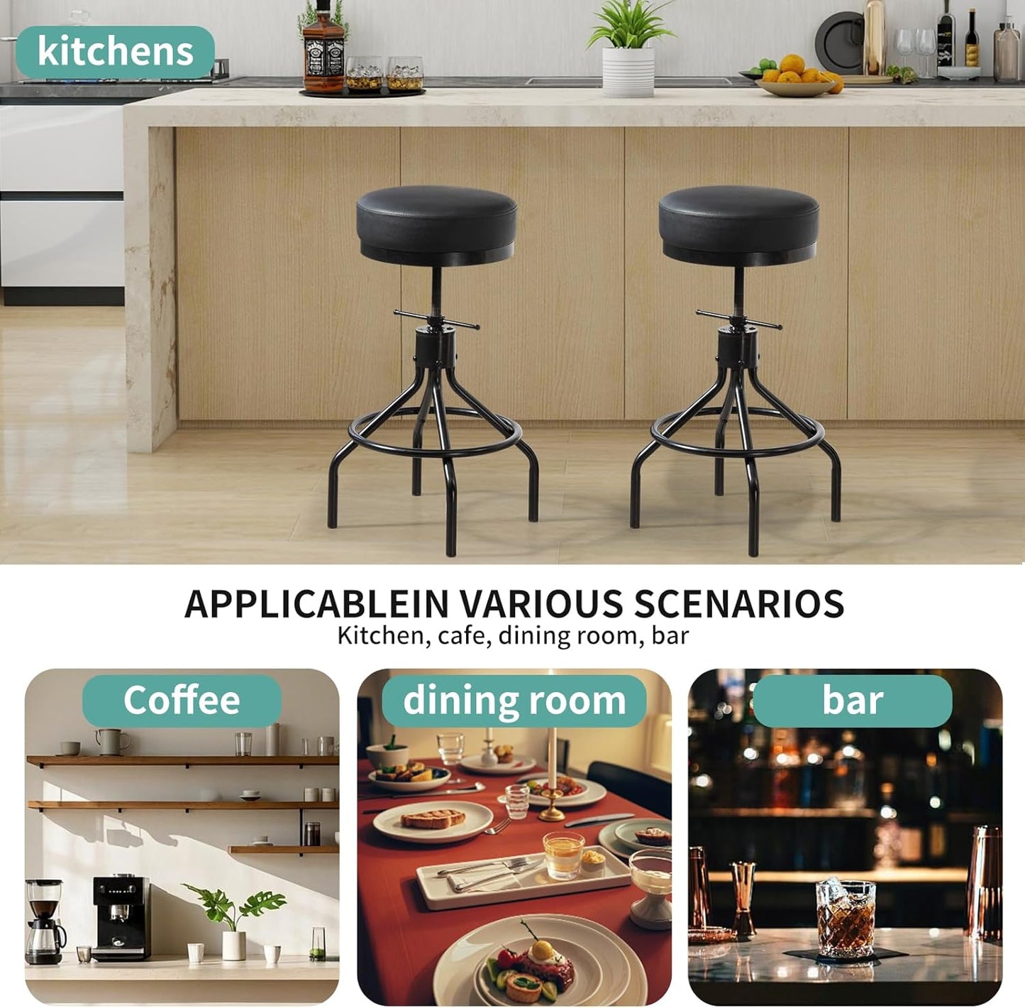 Industrial Bar Stools Set of 3 Adjustable Barstools Swivel Modern PU Leather 28inch Round Backless Kitchen Counter Height Metal Stool Bar Chair for Kitchen Island (3, Black)