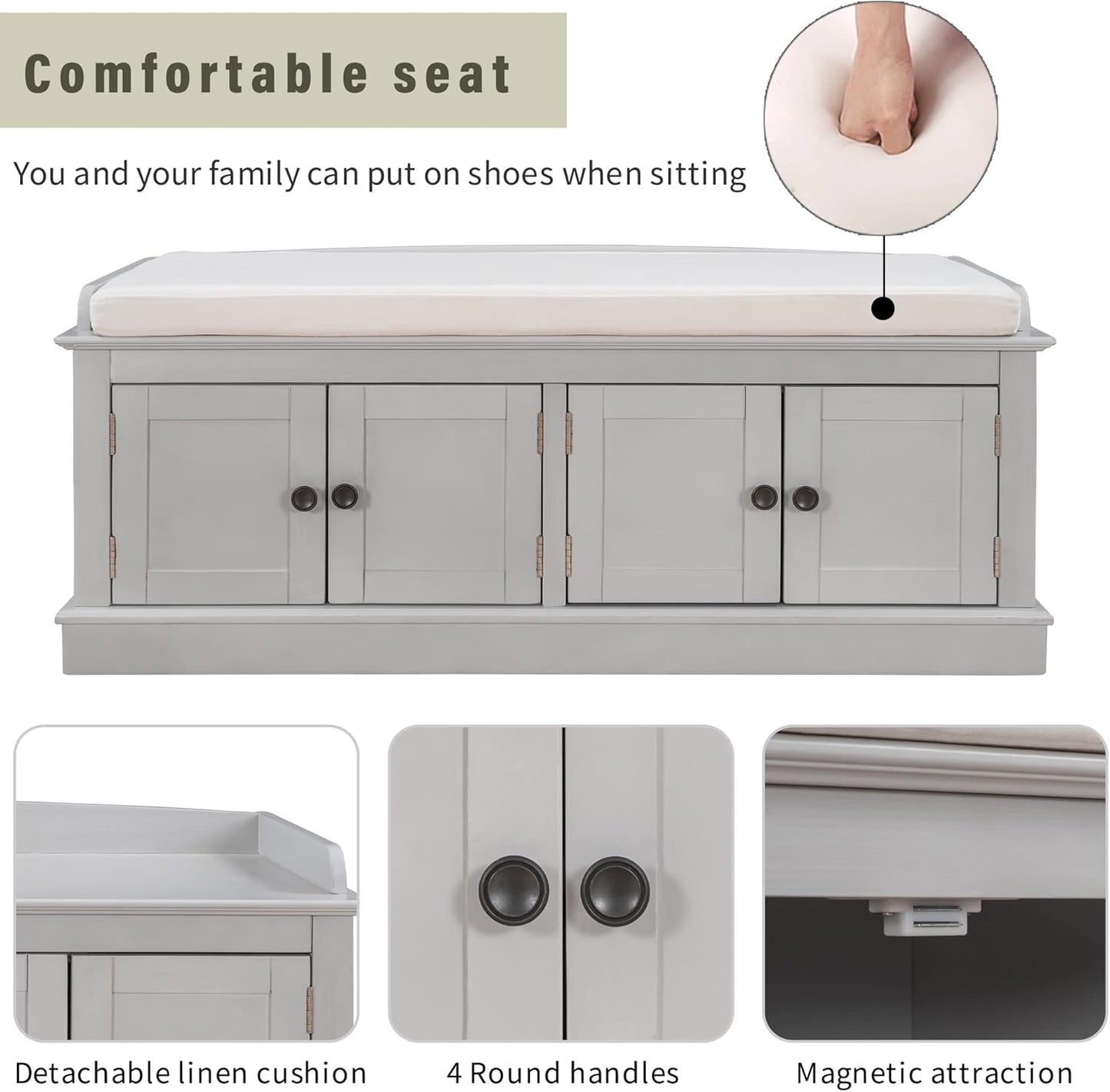 Vintage Hallway Storage Bench with 4 Doors and Adjustable Shelves,Entryway Shoe Rack W/Removable Cushion,for Living Room Bedroom Porch,Gray Wash,42″