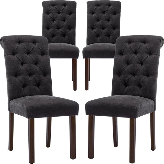 COLAMY Button Tufted Dining Chairs Set of 4, Parsons Upholstered Fabric Dining Room Chairs Kitchen Chairs with Wood Legs and Padded Seat, Black