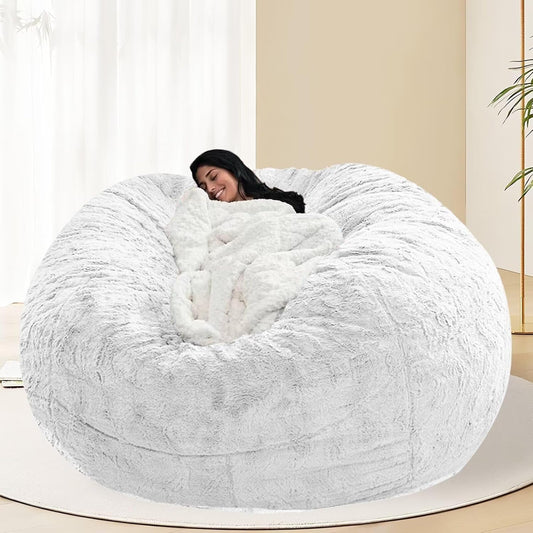 BCU 6FT Bean Bag Chair for Adults and Kids Without Filler Giant Stuffed Animal Storage Cover Soft Faux Fur Floor Chair Cover for Bedroom Living Room, White