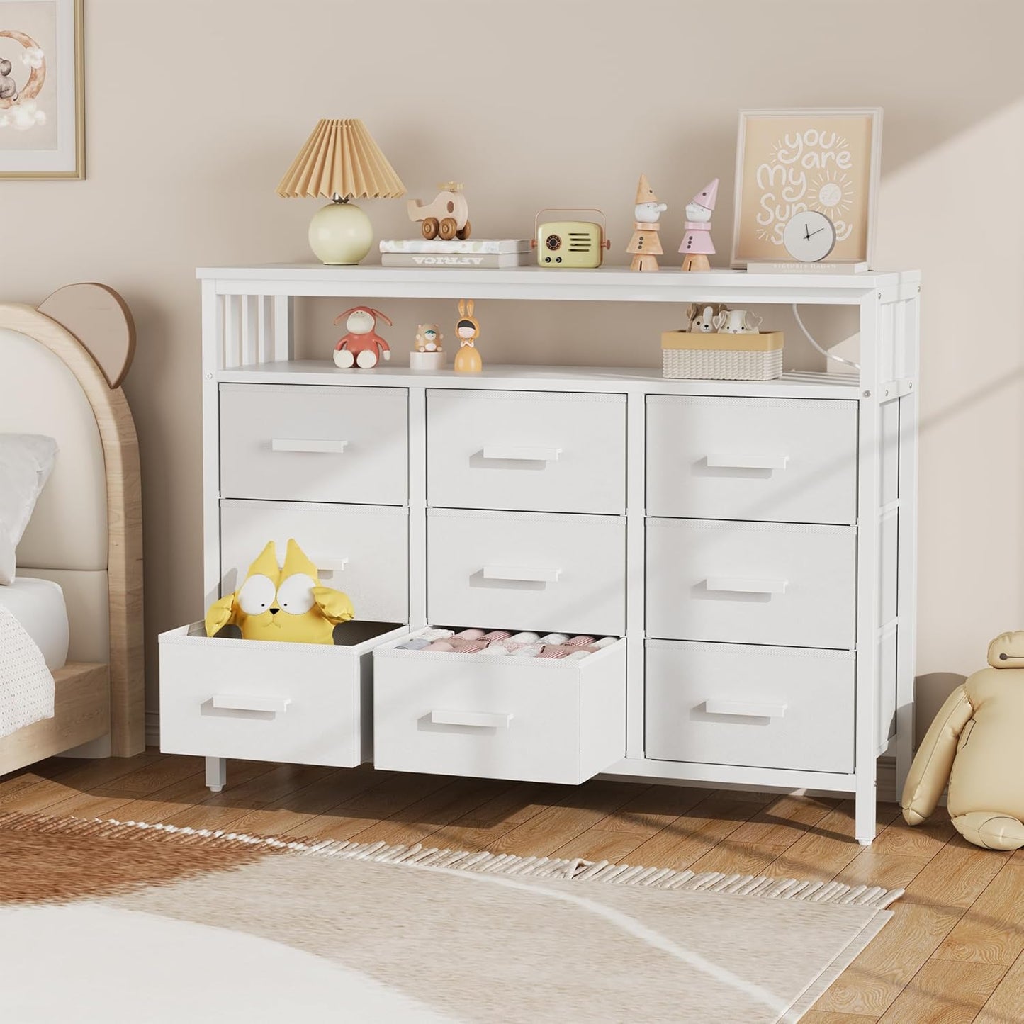 9 Drawer Dresser TV Stand with LED Lights & Power Outlets, Entertainment Center with Open Shelf, Media Console for 50” TV, Large Storage Dresser for Bedroom (White)