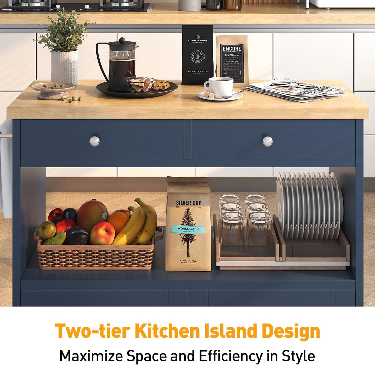 Rolling Kitchen Island with Storage Cabinet, 35.4'' Width Kitchen Cart, 2 Drawers Island Table, Portable Mobile Kitchen Island with Towel Rack, Wood Top and Lockable Wheels, Blue