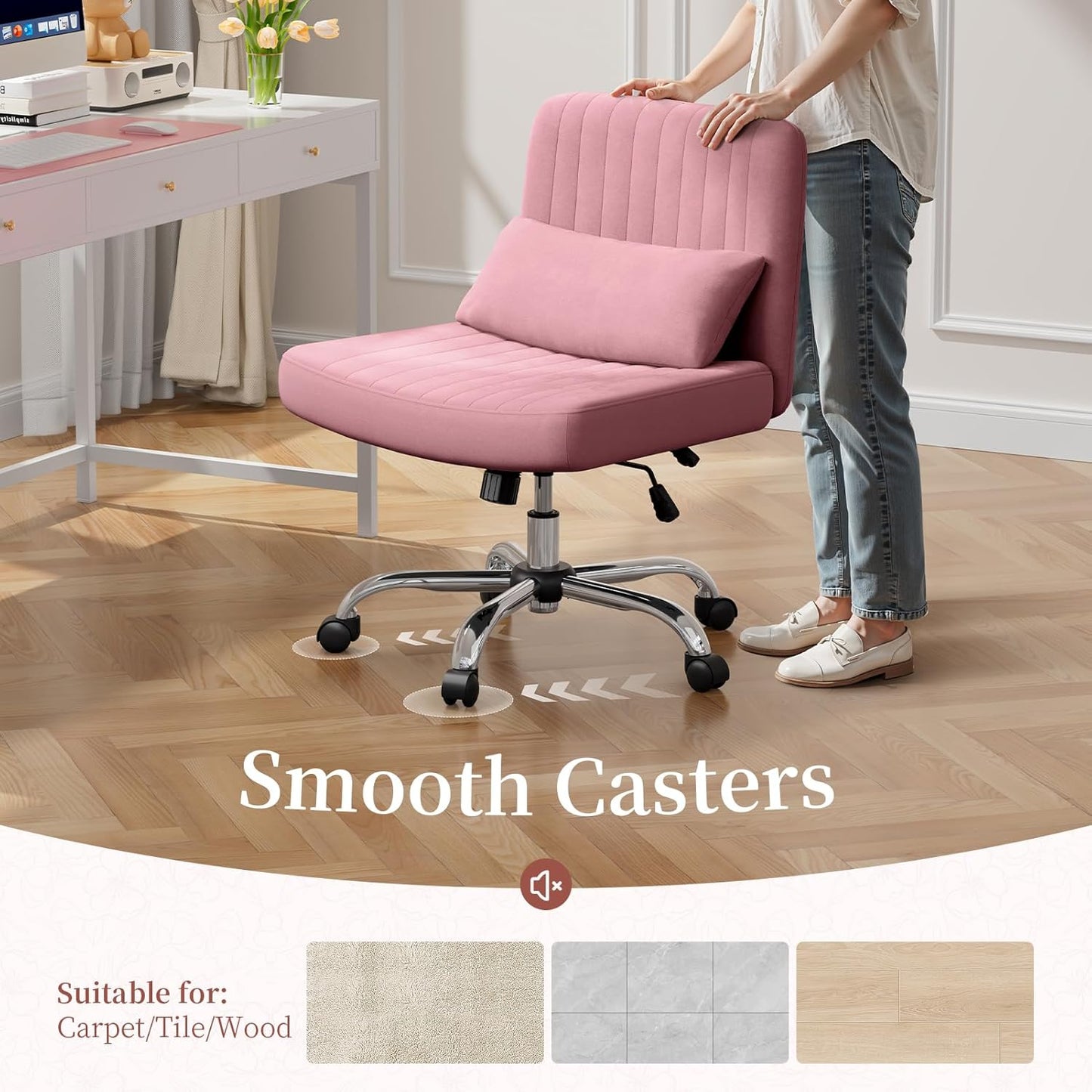 Warmiehomy Criss Cross Office Chair with Wheels, Velvet Cross-Legged Desk Chairs for Home, Height Adjustable Swivel Wide Seat Computer Chair, Modern Armless Vanity Chair for Girls Women, Rose Pink