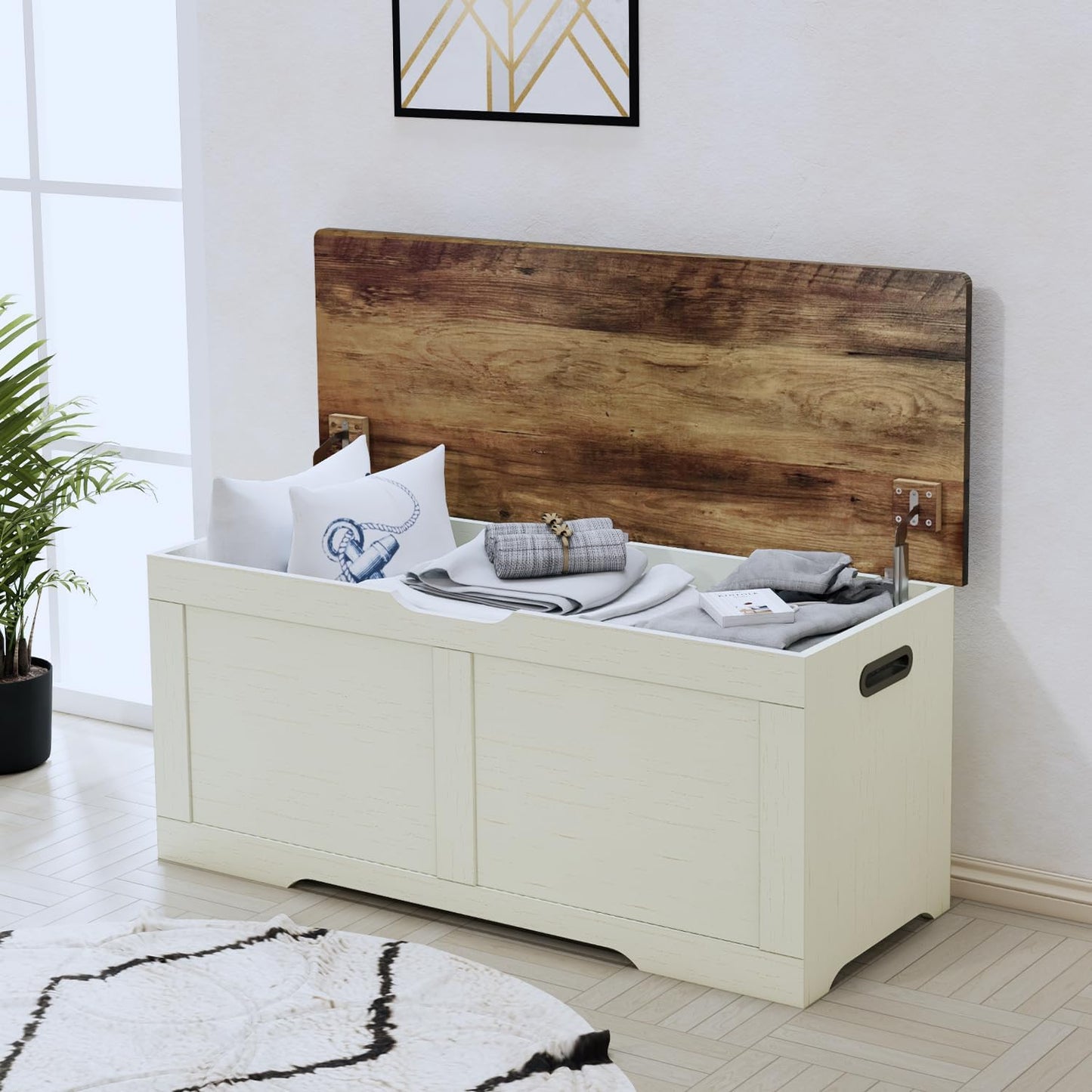 39.4" Storage Chest, Wooden Storage Bench, Lift Top Toy Chest with 2 Safety Hinges, Large Toy Box, Entryway Bench for Living Room, Bedroom, Brown and Rustic White