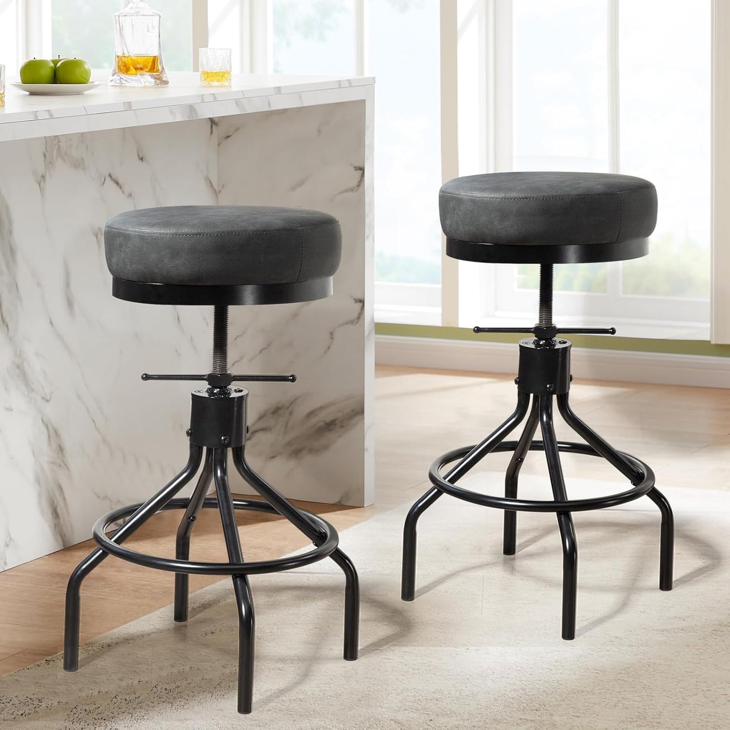 Grey Swivel Bar Stools Set of 2 Adjustable Swivel Round Barstools Modern PU Leather 28inch Industrial Backless Counter Height Stool Bar Chair for Kitchen Island (2, Grey)