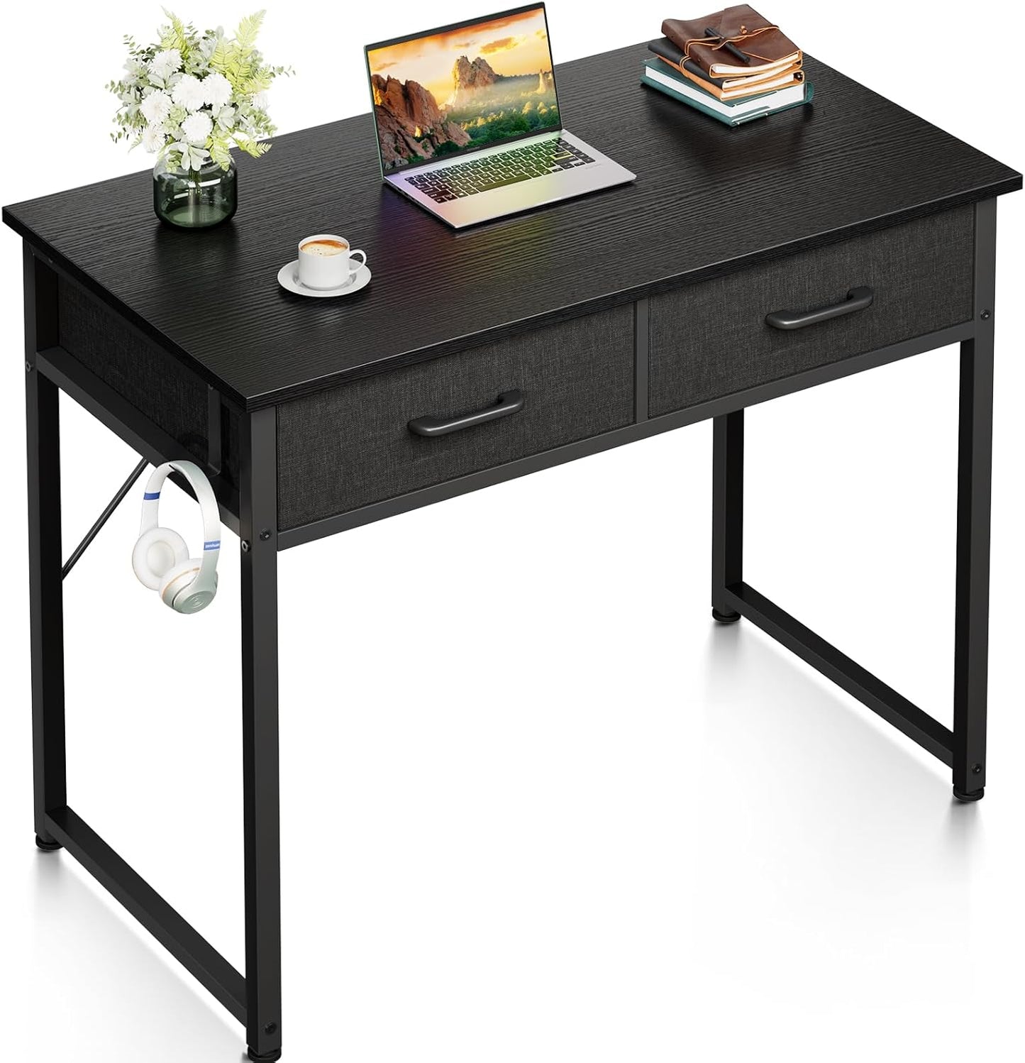 Casaottima 32 Inch Small Office Computer Desk with 2 Drawers & Headphone Hook - Compact Writing Desk for Home Office, Study or Work, Modern Space-Saving Design for Small Spaces, Black