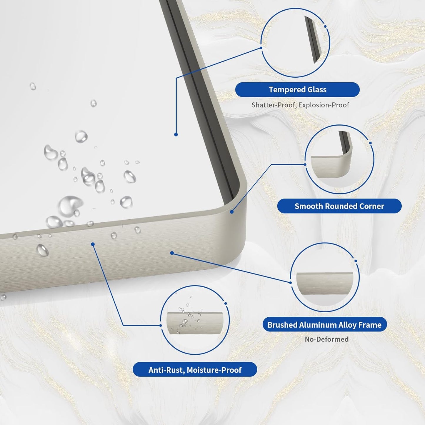 WEER 40X32 Inch Brushed Nickel Bathroom Mirror, Brushed Silver Metal Frame Mirror, Rounded Rectangle Silver Bathroom Vanity Mirror, Tempered Glass, Anti-Rust, Hangs Horizontally or Vertically