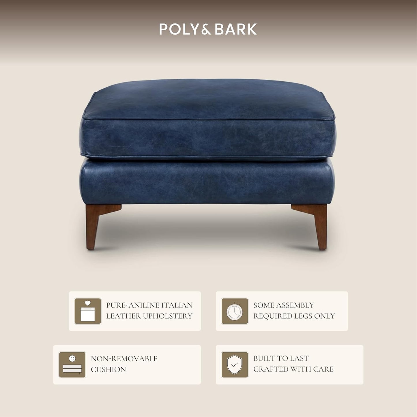 POLY & BARK Essex Ottoman - 35” Large with Feather-Down Topper - Full-Grain Leather Upholstered Ottoman - Couch for Living Room - Vintage Italian Leather in Midnight Blue