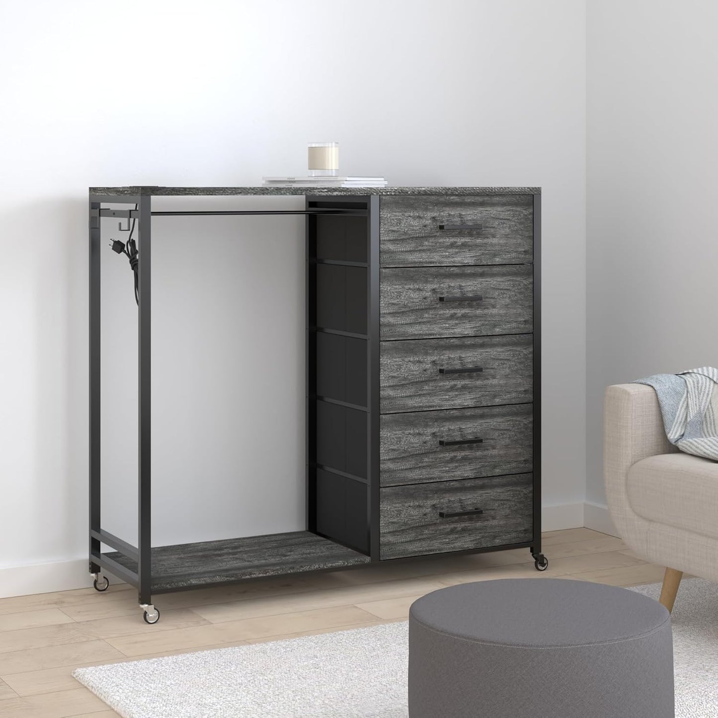 Cyclysio Dresser for Bedroom with Clothes Rack, 5 Fabric Drawers Dresser with Charging Station & LED Lights, Tall Storage Chest of Drawers with Wheels, Wooden Top, Lockable Wheels, Closet, Grey