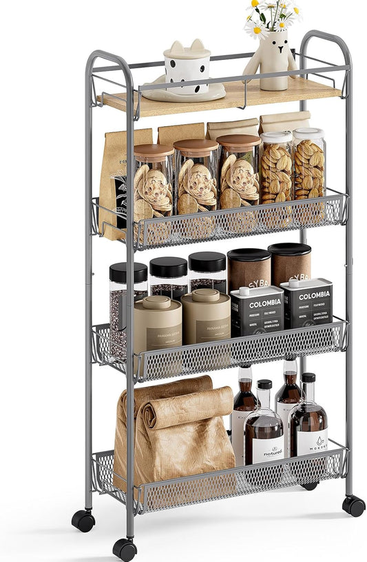 KINGRACK Metal Slim Rolling Cart,4-Tier Metal Utility Cart,Storage Cart with Wooden Tabletop, for Narrow Space on Laundry Bathroom Kitchen Room Bedroom Apartments Dormitory (Light Grey, Slim)