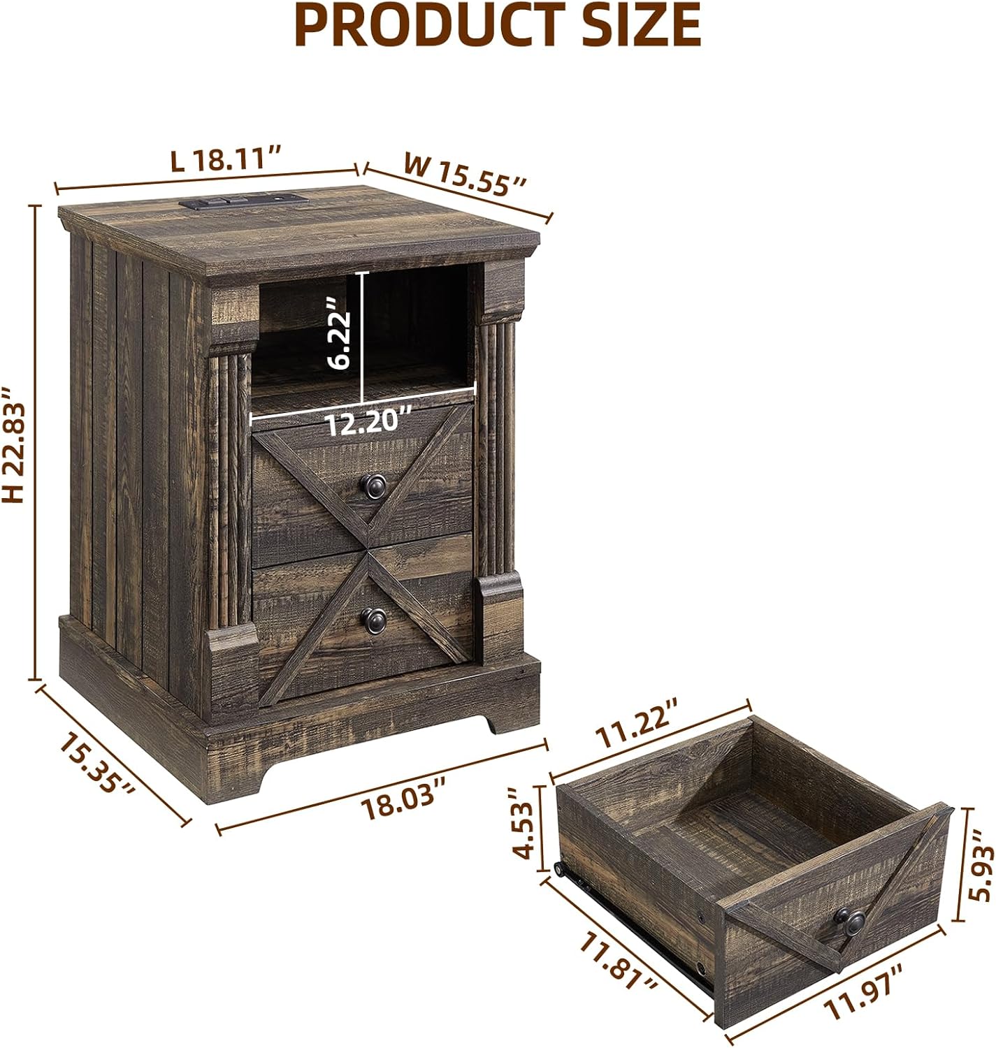 Farmhouse White Night Stand Set of 2, 18" Nightstand with Charging Station, Wood Rustic End Table, Roman Column Design, Modern Design Bedside Cabinet for Bedroom,Home, Dark Rustic Oak