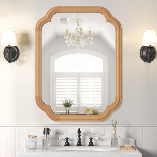 Natural Wood Framed Mirror,18X24 Inch Bathroom Mirror for Over Sink Wood Mirror for Bathroom Modern Rounded Corner Rectangle Wall Mounted Mirror for Bathroom (Horizontal/Vertical)