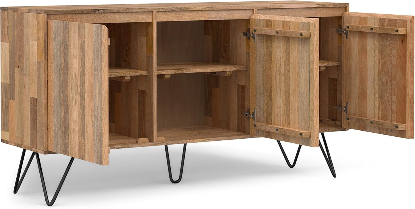 SIMPLIHOME Hunter Buffet - 60 inch Wide Solid Mango Wood 3-Door Sideboard Buffet in Natural, Contemporary Storage Cabinet for Dining Room or Kitchen with Adjustable Shelves and Metal Legs