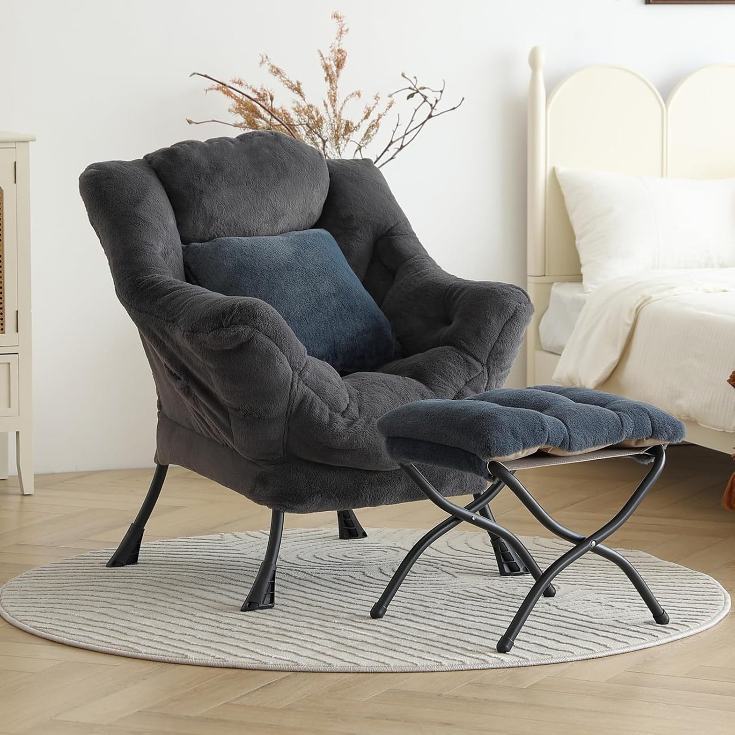 Lazy Chair with Ottoman, Reading Chair with a Pillow, Leisure Sofa Armchair with Ottoman, Large Accent Lounge Chair for Bedroom, Living Room, Dorm Room, Plush Blue-Gray
