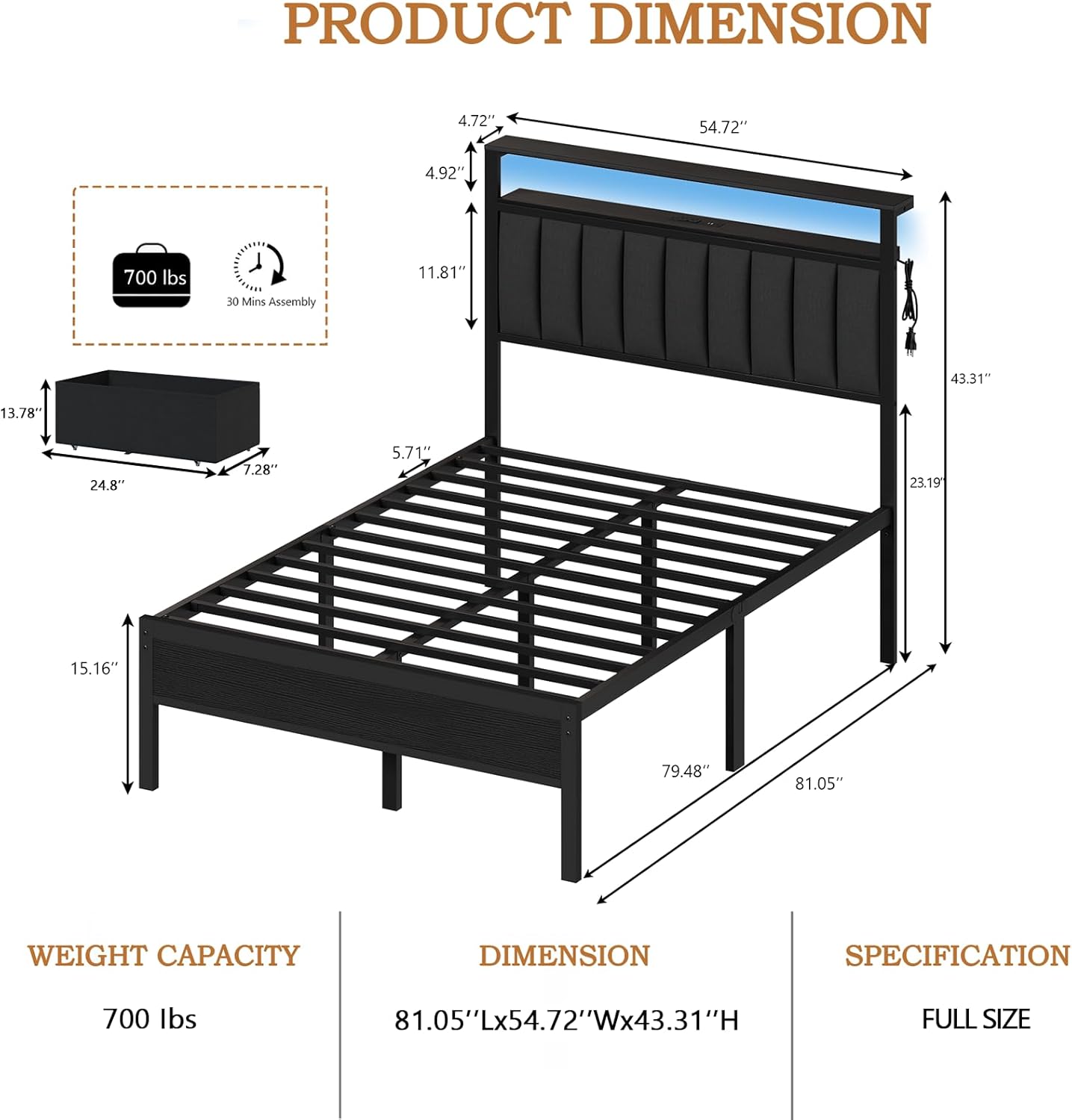 Furnulem Full Size Bed Frame with Charging Station and LED Lights, Grey Upholstered Headboard with Shelves, Metal Platform Bed with 2 Under-Bed Storage (Fabric Drawer on Wheels), No Box Spring Needed