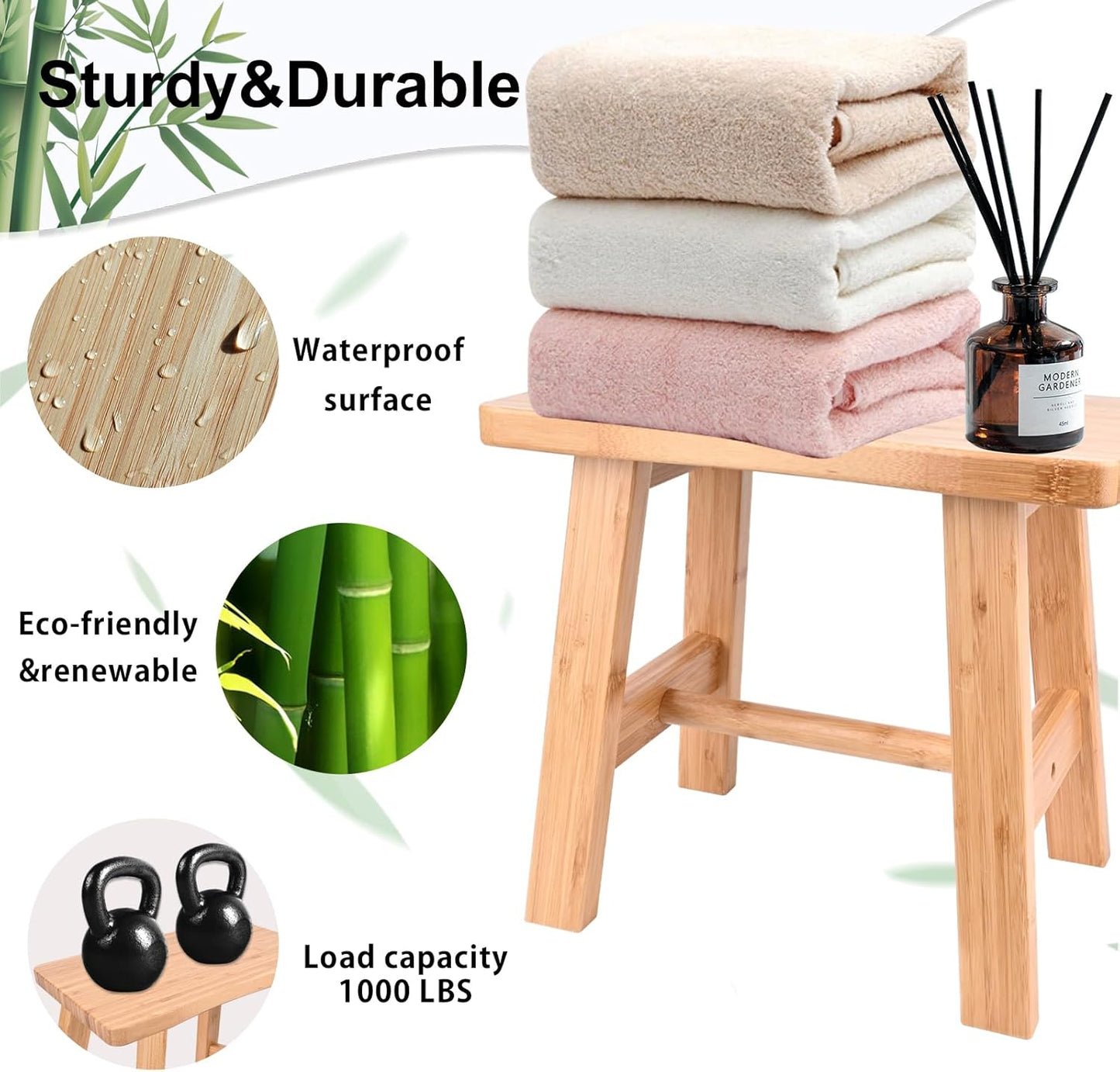 Bamboo Step Stool for Kids Adults Bathroom, 10 Inch One Step Stool You Can Sit On for Bedroom and Kitchen (Medium).