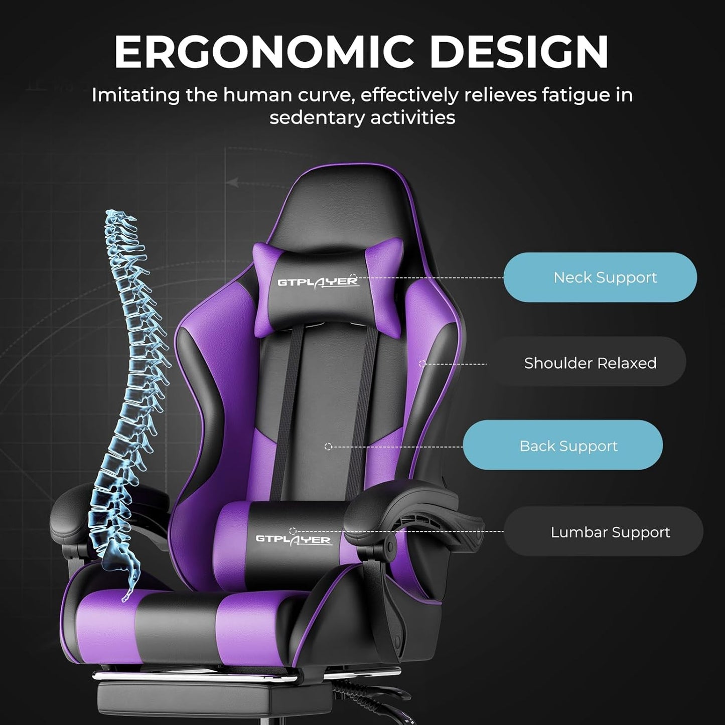 GTPLAYER Gaming Chair, Computer Chair with Footrest and Lumbar Support, Height Adjustable Game Chair with 360°-Swivel Seat and Headrest and for Office or Gaming (Faux Leather, Purple)