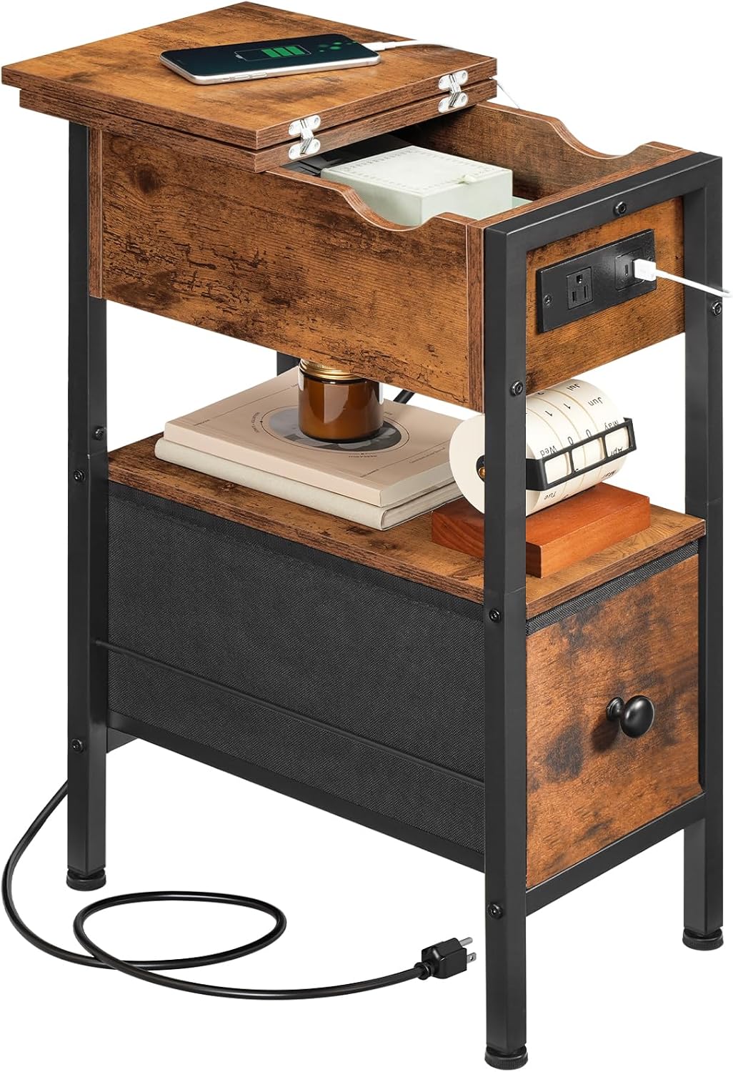 HOOBRO End Table with Charging Station, Flip Top Narrow Side Table with Storage Drawer, Slim Nightstand Bedside Tables, for Small Space, Living Room, Bedroom, Rustic Brown and Black BF343UBZ01G1