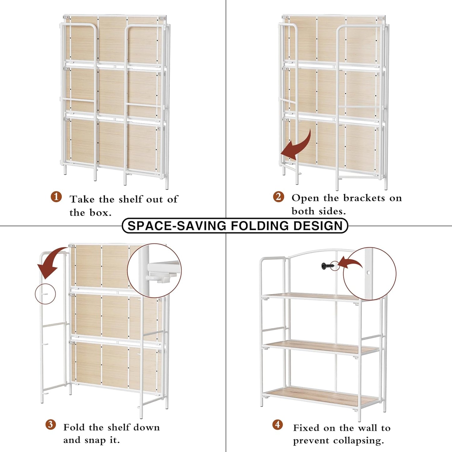 Crofy No Assembly Folding Bookshelf for Living Room, 3 Tier White Collapsible Book Shelf for Home Office, Portable Bookcase Storage Organizer