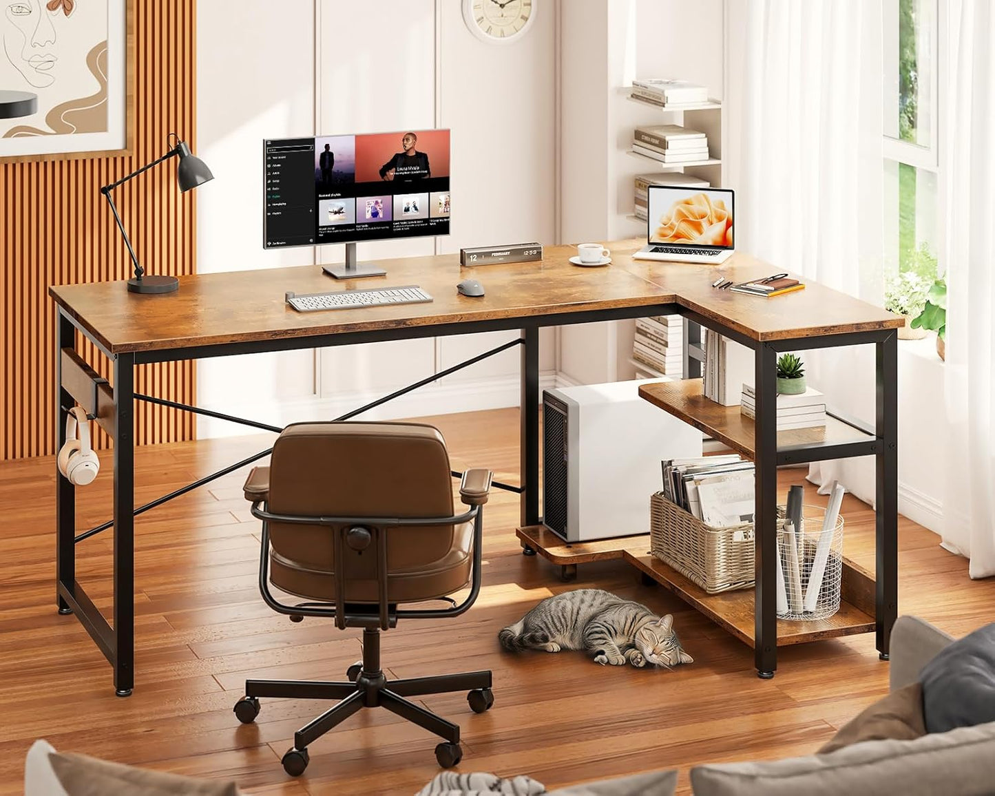 Casaottima L Shaped Computer Desk, 48 Inch Small Corner Desk with Storage Shelves & PC Stand, Reversible Gaming Desk for Bedroom, Modern Writing Study Table for Home Office, Vintage