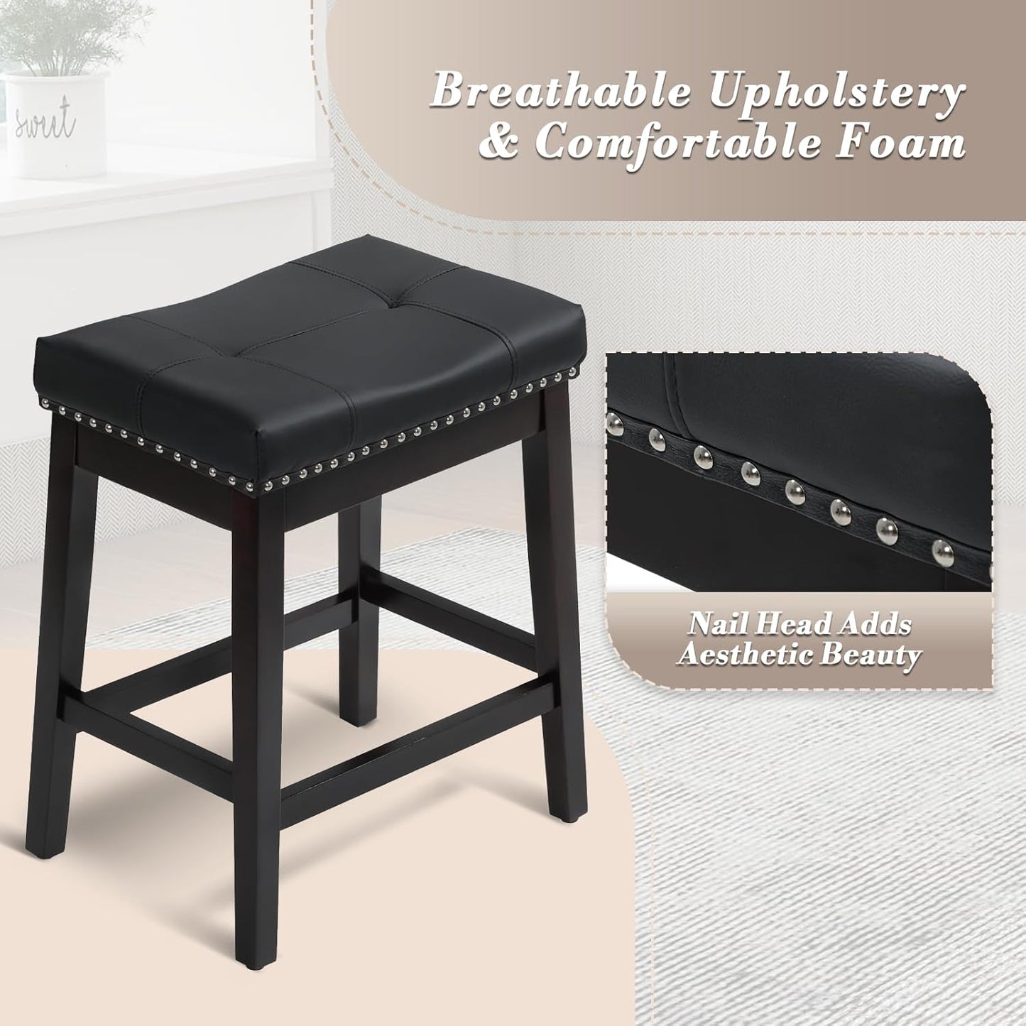 Athena Collection Bar Stools Set of 2, 25 Inches Counter Height Bar Stools Backless with Footrest, Leather Upholstered Saddle Barstools with Nailhead Trim for Home, Kitchen Island, Counter, Black