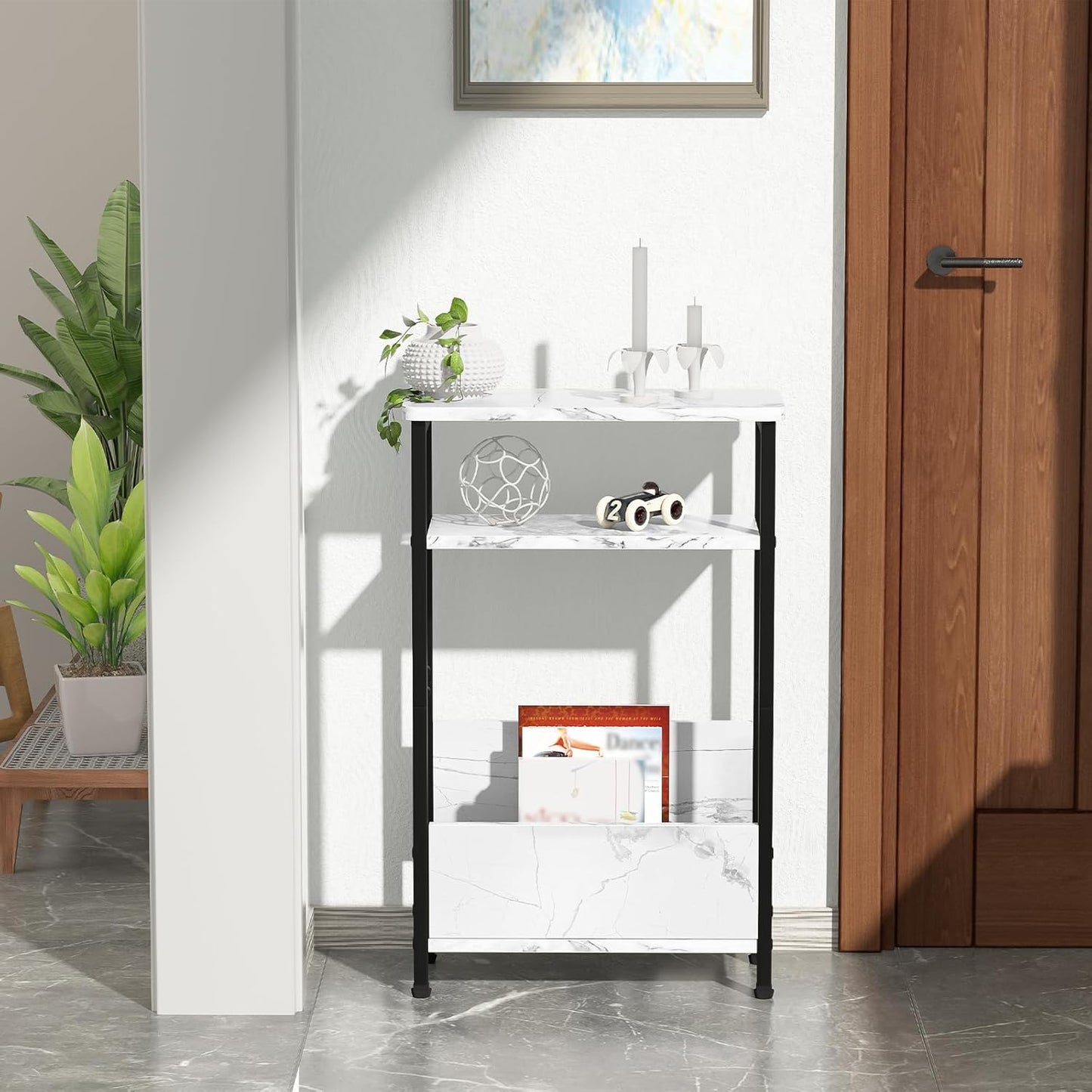 7.1" Narrow Side Table for Small Spaces, 3 Tier Small End Table with Magazine Holder, Slim/Skinny Nightstand/Bedside Table for Living Room, Bedroom, 15.4" L x 24.2" H, Faux White Marble