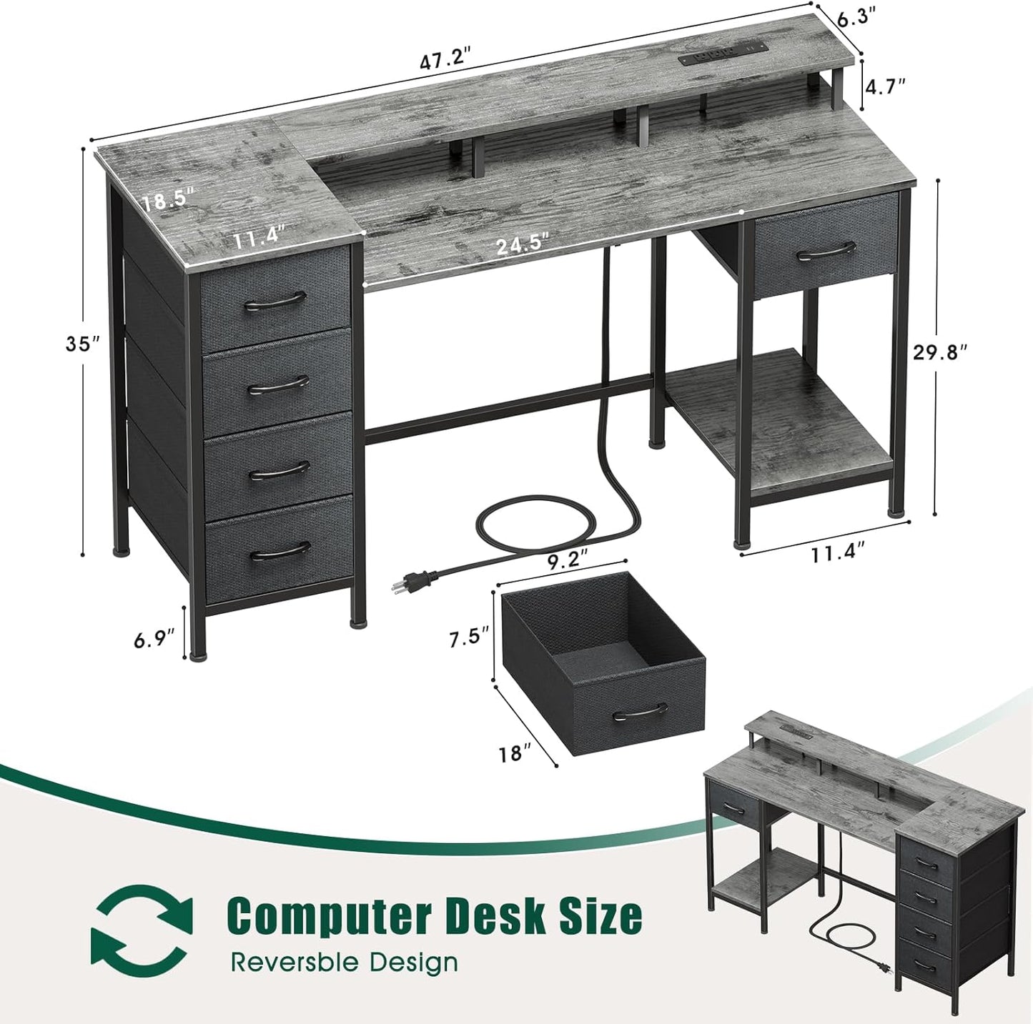 47 Inch Computer Gaming Desk with Power Outlets & LED Lights Reversible Home Office Desk with Adjustable 5 Fabric Storage Drawers for Working Writing Study, Grey