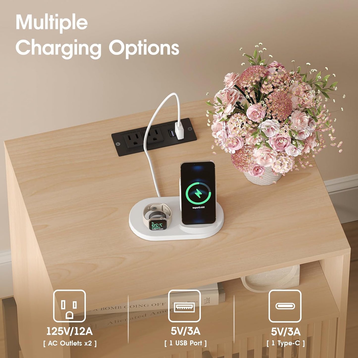 Vabches Nightstand with Charging Station and USB Ports,Industrial Style Fluted End Table, Bedside Table with 2 Drawers and Open Shelf, Sofa Side Table for Bedroom, Living Room, Set of 1