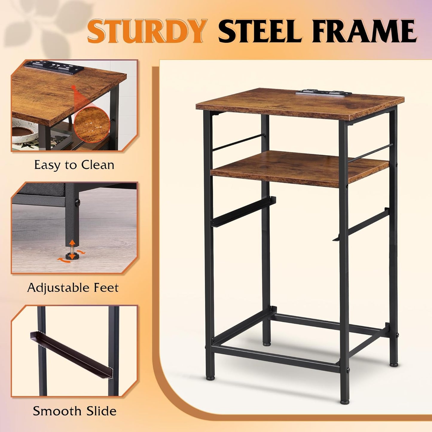 WLIVE Nightstand with Charging Station, Night Stand with 2 Fabric Drawers, Bedside Table, Small Dresser for Bedroom, Side Table with USB Ports and Outlets, Black and Rustic Brown