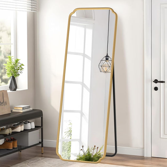 Gold Full Length Mirror with Standing, 65"x22" Rounded Corner Wall Mounted Floor Mirror Leaning Against Wall Dressing Room