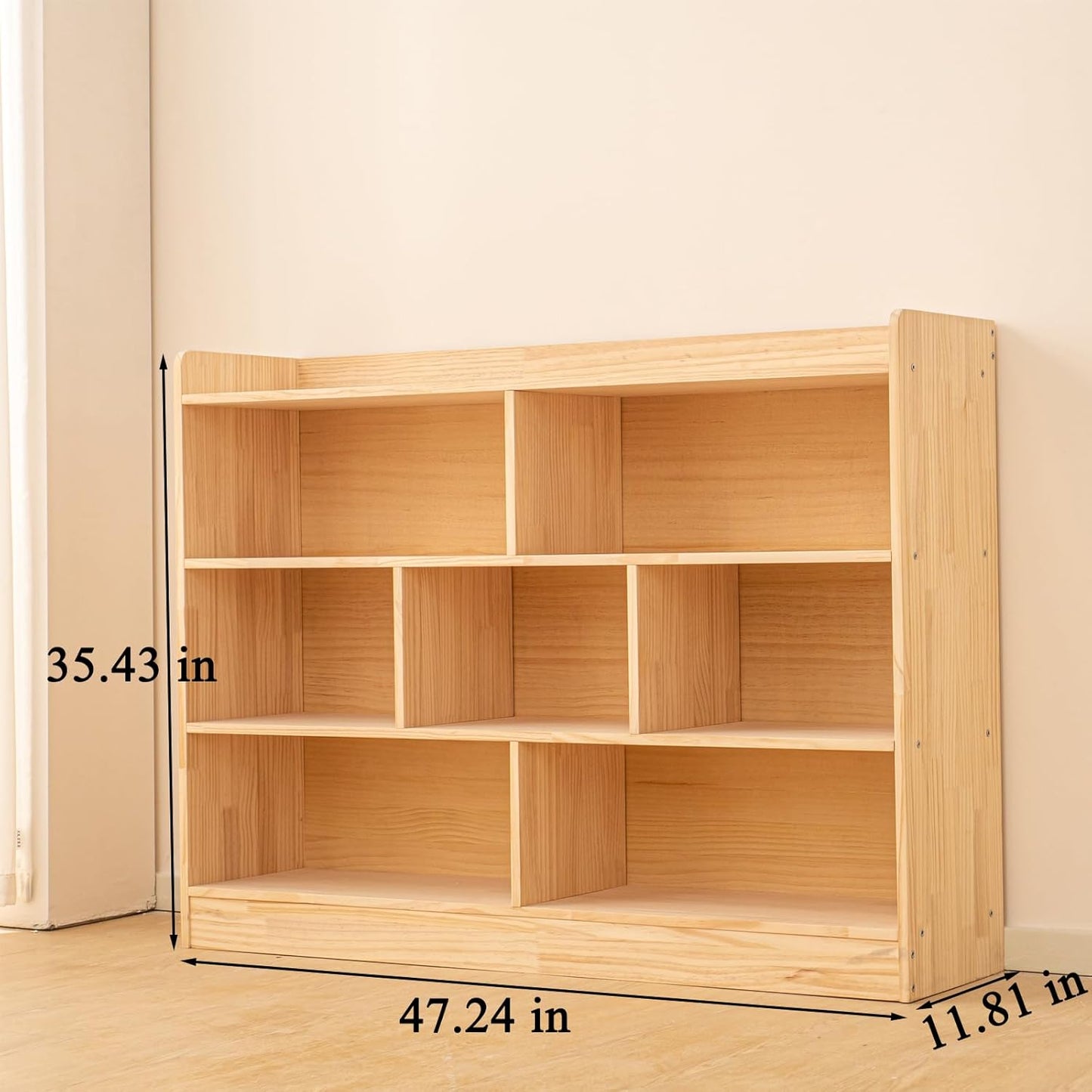 Wooden 7 Compartment Storage Cabinet Organizer Kids 3 Tier Wood Bookshelf School Storage Shelf Classroom Furniture for Kids Natural (47.24" L x 11.81" W x 35.43" H)