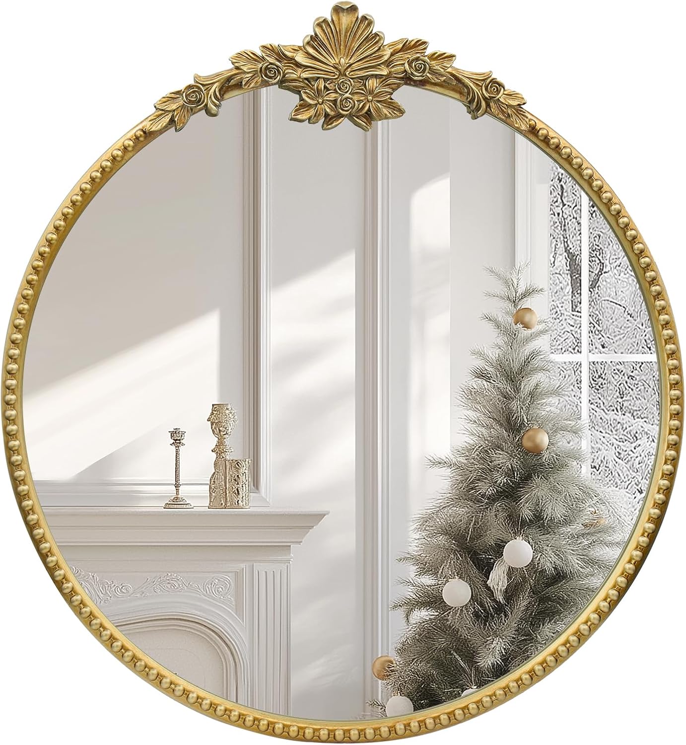 Round Gold Mirror,24inch Baroque Style Vintage Decorative Circle Wall Mirror for Living Room, Bedroom, Bathroom, and Entryway,Antique Gold