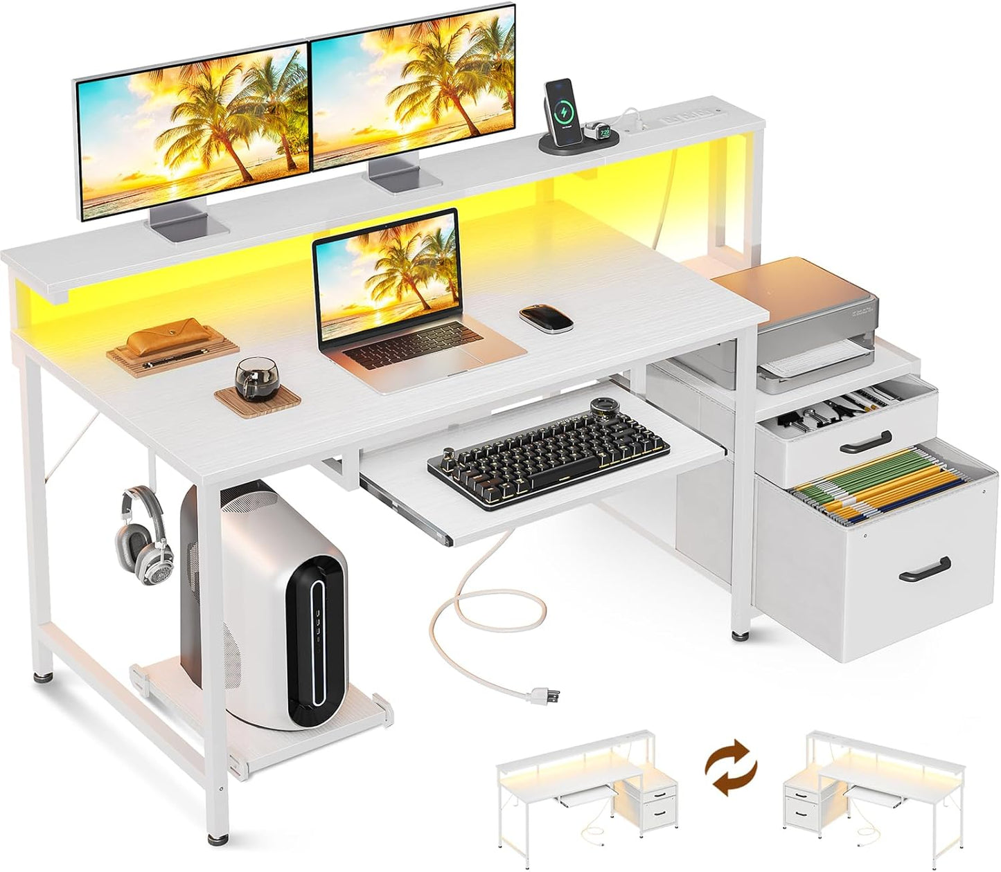 AODK Computer Desk with Drawers and Keyboard Tray, 48" Office Desk with Power Outlet and LED Lights, Reversible Study Work Desk with Printer Shelf and PC Stand for Home Office, White