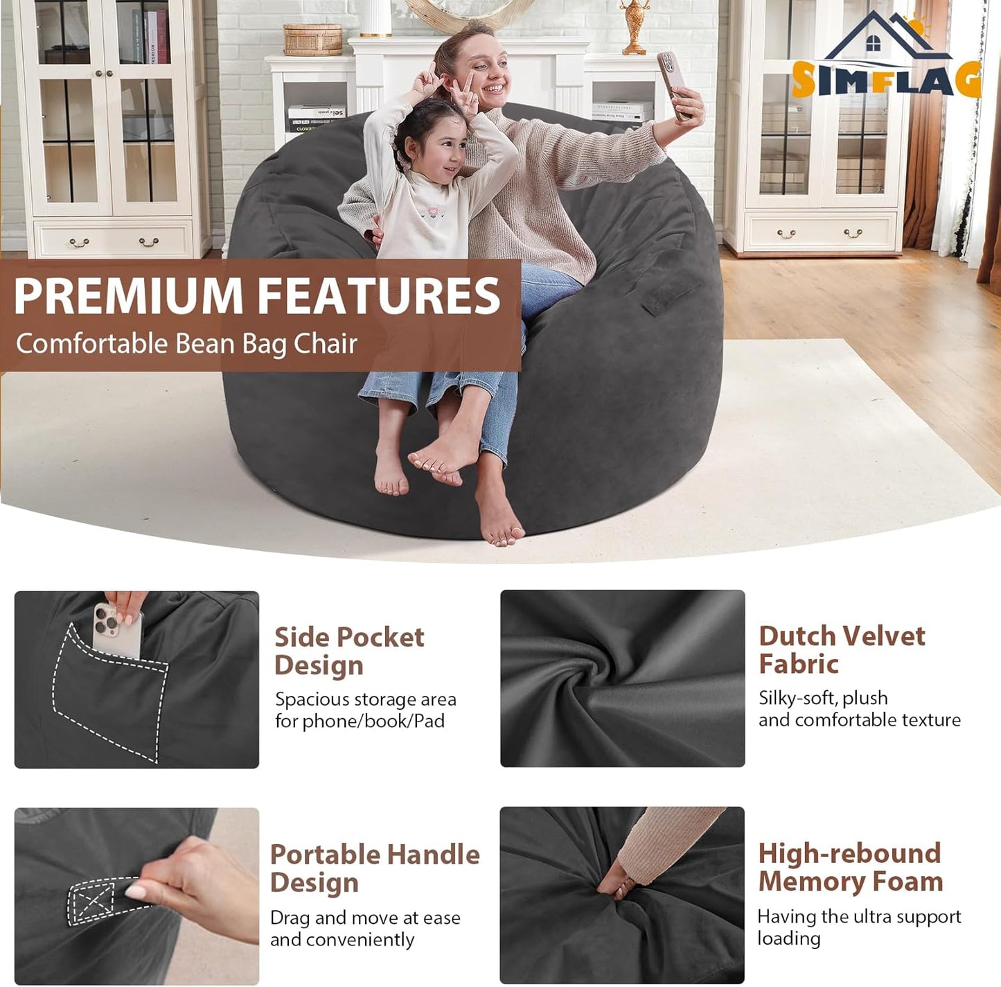 3FT Bean Bag Chair, Comfy Bean Bag Chairs with Memory Foam Filled, Fluffy Beanbag Sofa with Dutch Velvet Cover, Round BeanBag Chairs for Living Room, Playroom- Grey