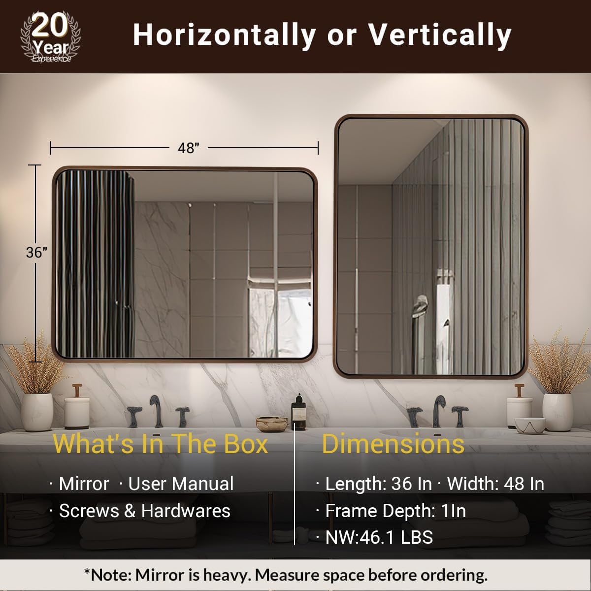 ANDY STAR 48x36 Inch Bronze Bathroom Mirror, Rounded Rectangle Oil Rubbed Bronze Mirrors for Bathroom,Tube Metal Framed, 1’’ Deep Wall Mounted Vertically/Horizontal