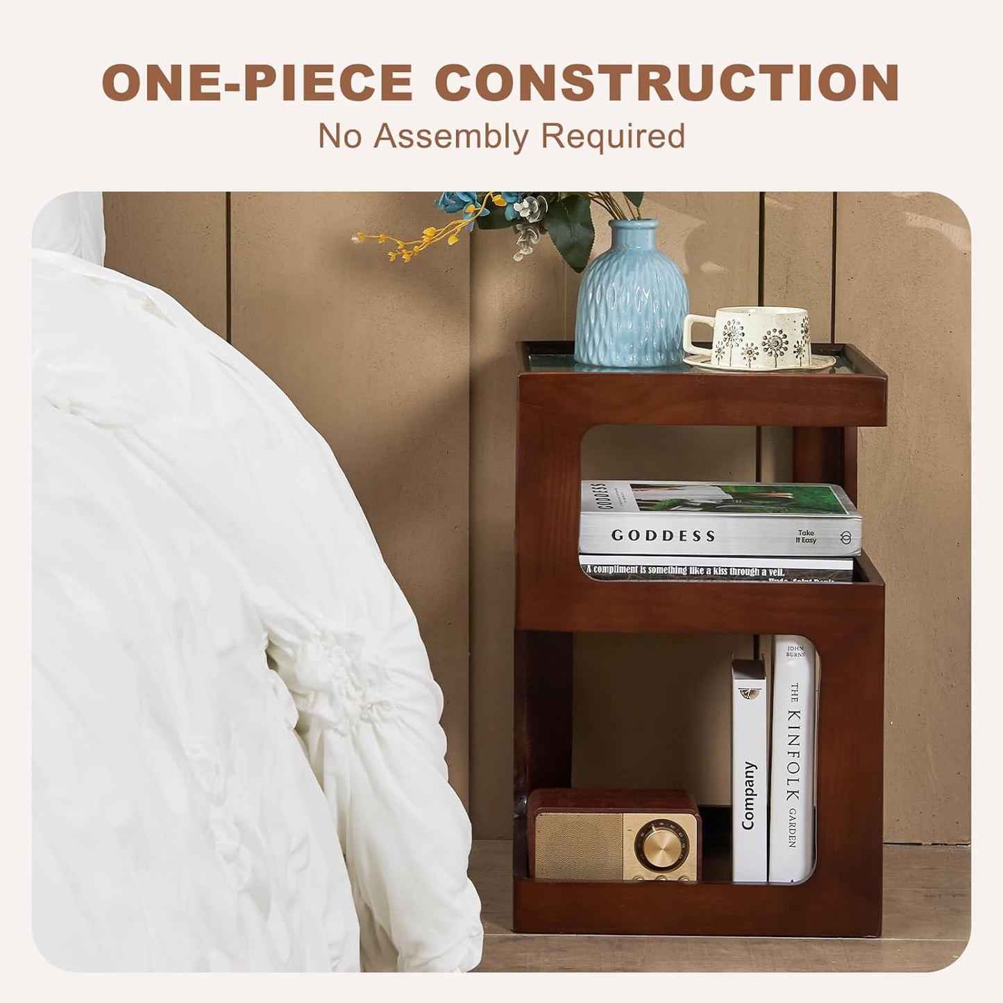 Uniclinens Bookshelf Nightstand 3-Tier Storage, End Side Table with Tempered Glass Desktop, Modern Solid Wood Bedside Table for Bedroom Living Room, Walnut