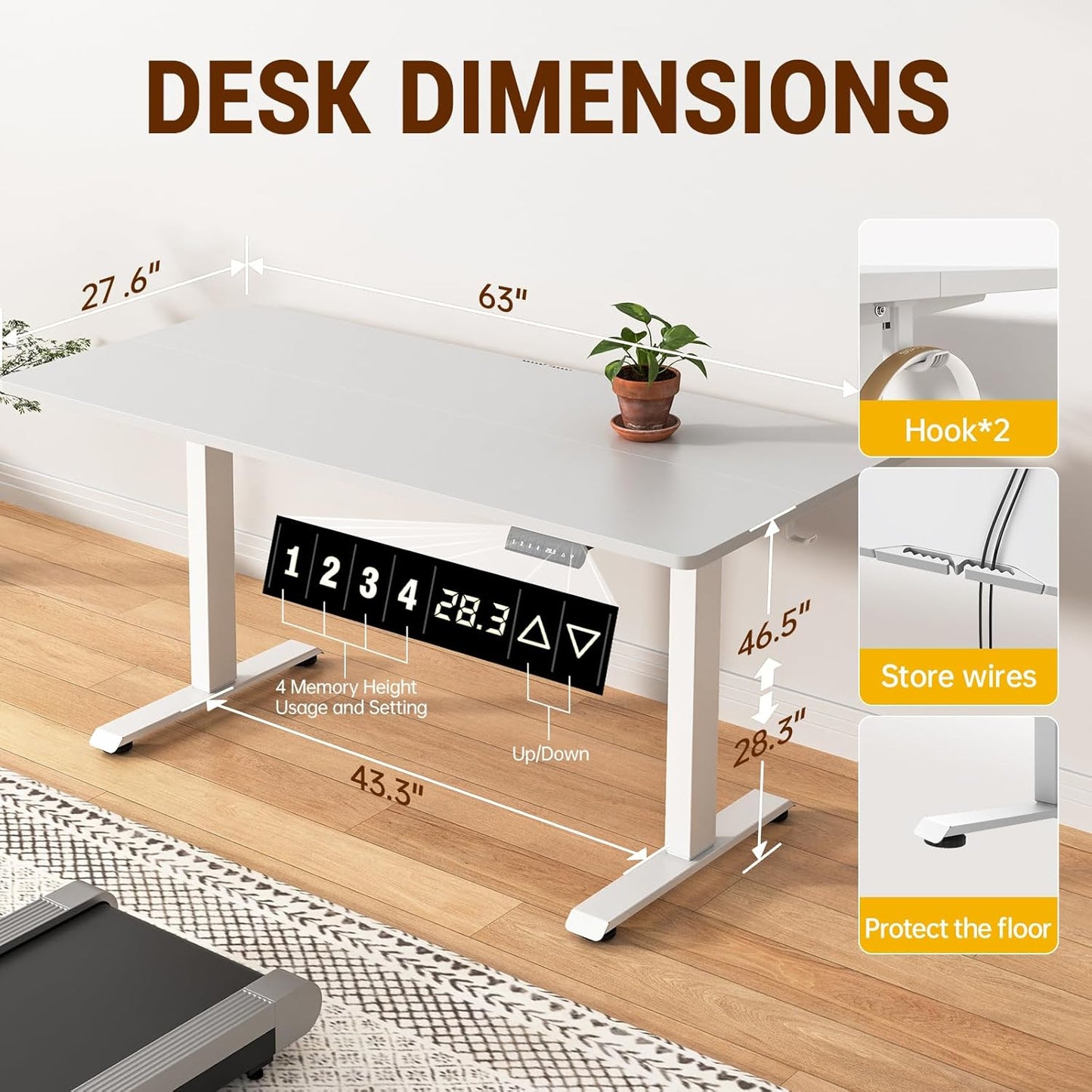 Veken 63x27.6 Inch Large Electric Standing Desk, 4 Memory Heights Adjustable,Sit to Stand Up, Work Home Office Computer Table for Walking Pad, Gifts for Dad, Wooden Desktop Desks, White