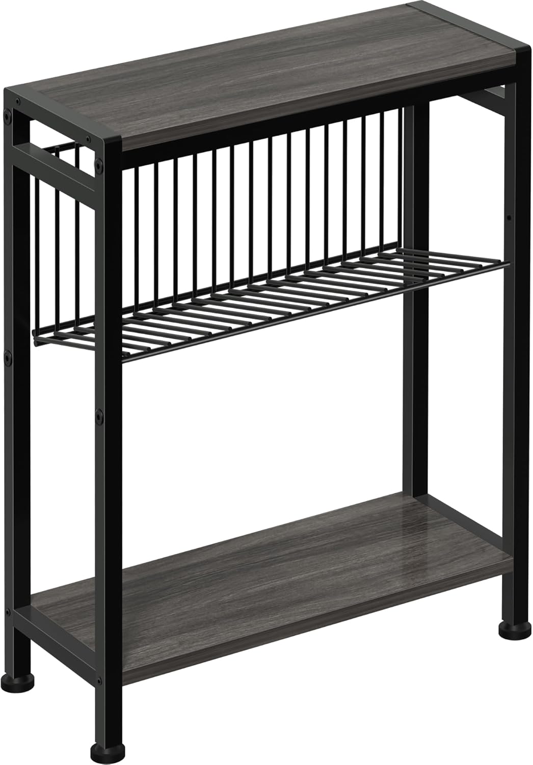 End Table for Small Space, 3-Tier Narrow Side Table with Magazine Holder,Slim Nightstand, Skinny Snack Couch Table in Living Room, Bedroom Study and Balcony (Grey)