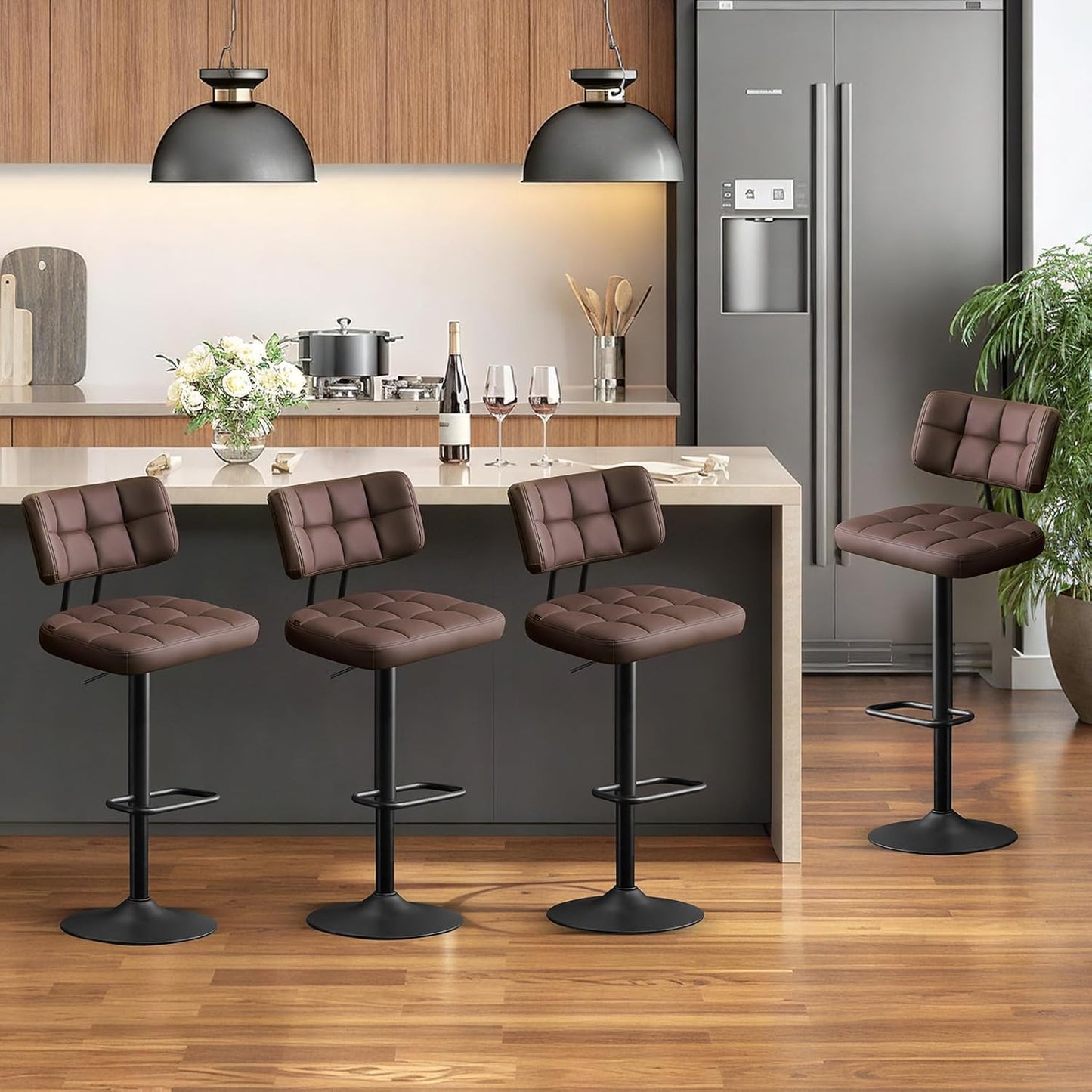 Furniliving Upholstered Bar Stools Set of 4, Faux Leather Swivel Bar Stools with Back, Adjustable Counter Height Barstools for Kitchen Island, Dining Space, Brown