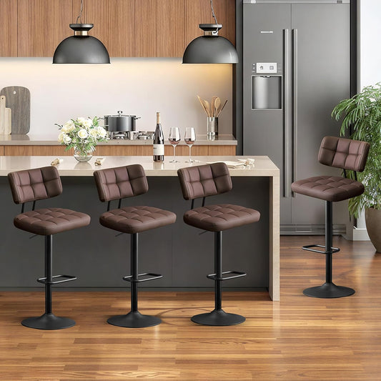 Furniliving Upholstered Bar Stools Set of 4, Faux Leather Swivel Bar Stools with Back, Adjustable Counter Height Barstools for Kitchen Island, Dining Space, Brown