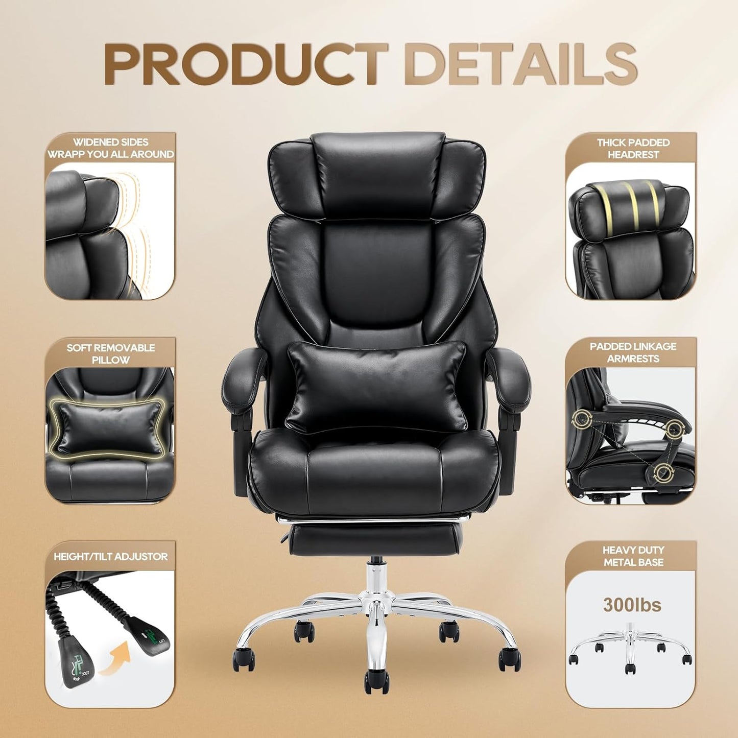 COLAMY Office Chair with Retractable Footrest, Ergonomic High Back Design Executive Computer Desk Chair with Removable Lumbar Pillow, 90-135°Reclining, Thick Bonded Leather for Home Office Work, Black