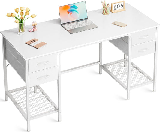 Huuger 47 Inch White Desk with 4 Drawers, Vanity Desk with Mesh Shelf, Study Table with Large Storage, Computer Desk for Home Office, Bedroom, Work from Home