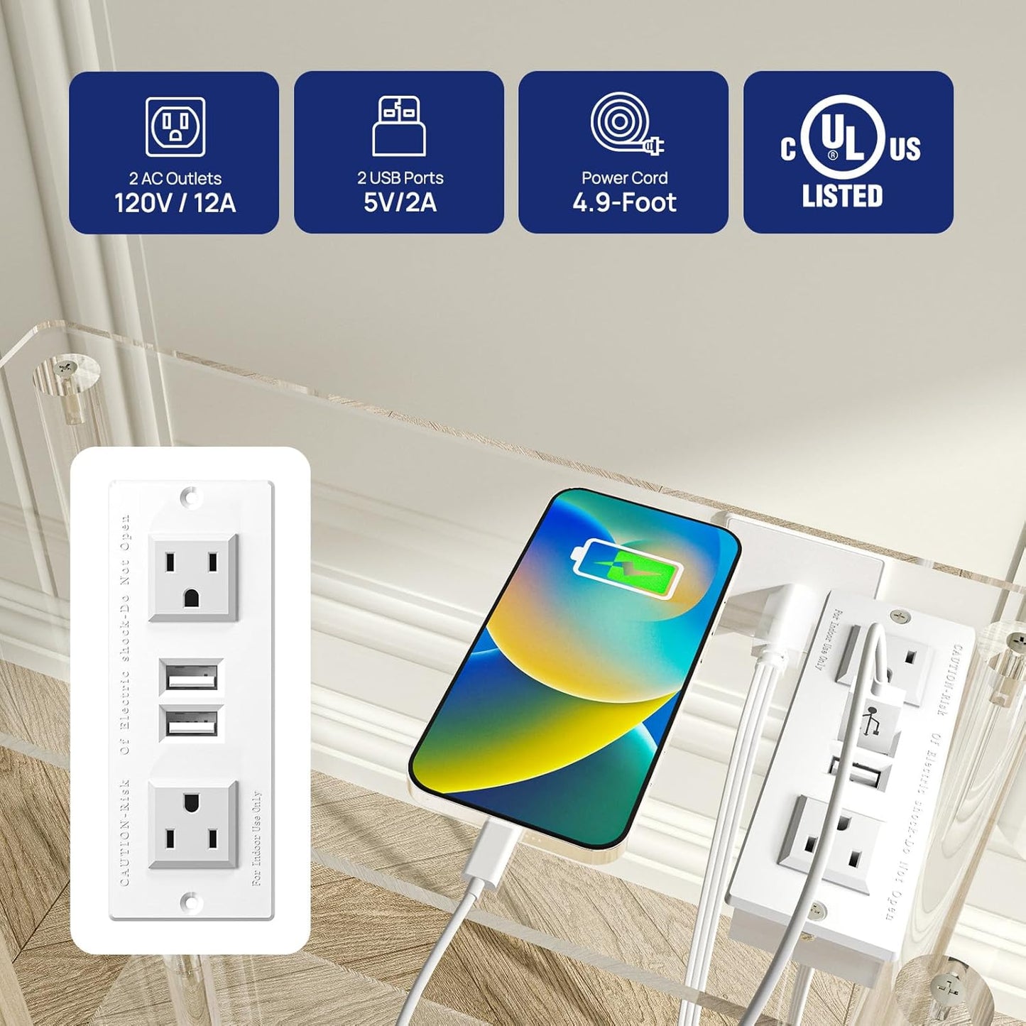 HMYHUM Acrylic Narrow Side Table with Charging Station, 7" Width, 2 Tier Small End Table for Small Spaces, Skinny Nightstand/Bedside Table with USB Ports & Outlet, Clear