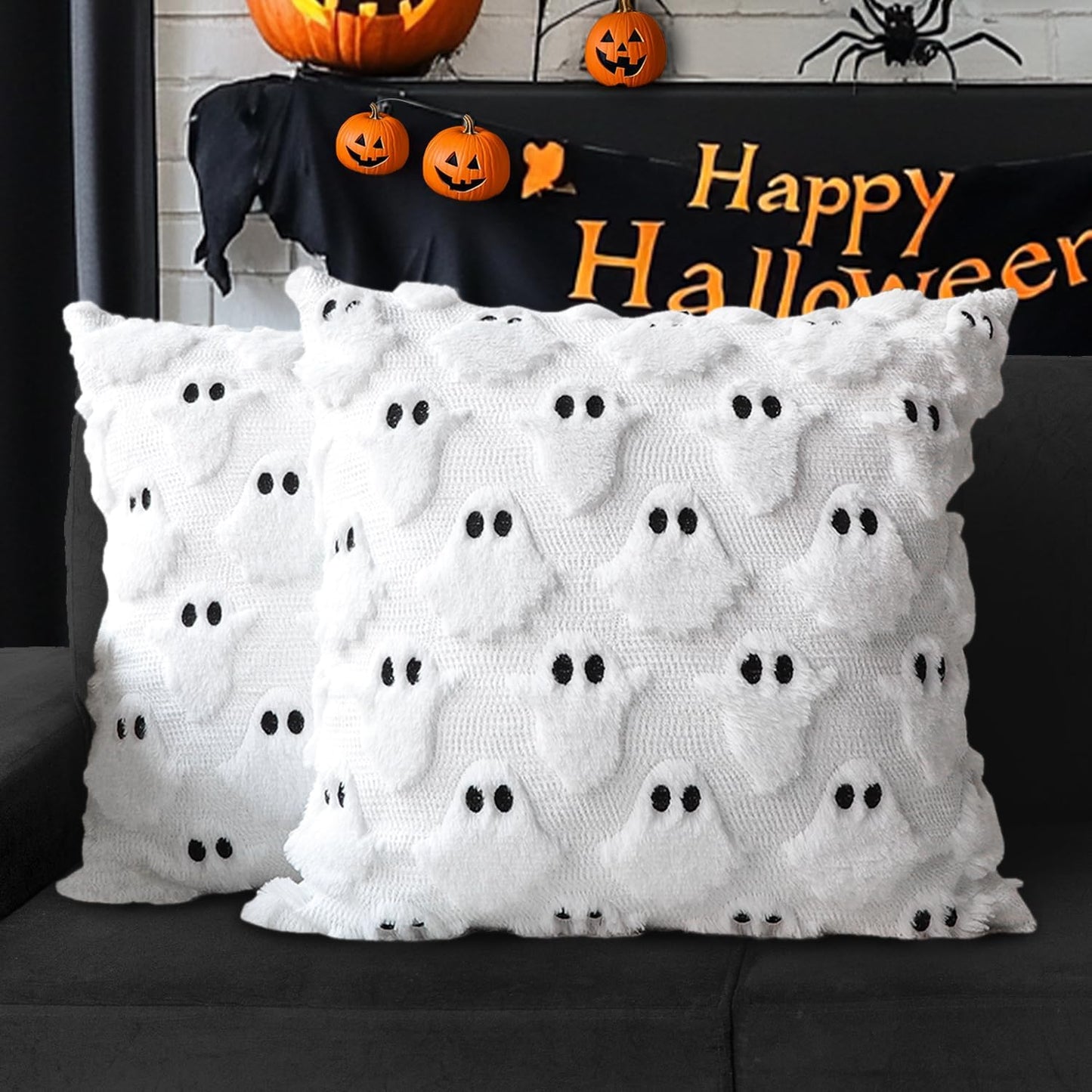 4TH Emotion Halloween Ghost Decorative Pillow Covers 20x20 Set of 2, White Soft Plush Faux Fur Farmhouse Throw Cushion Cases for Fall Autumn Holiday Home Decorations