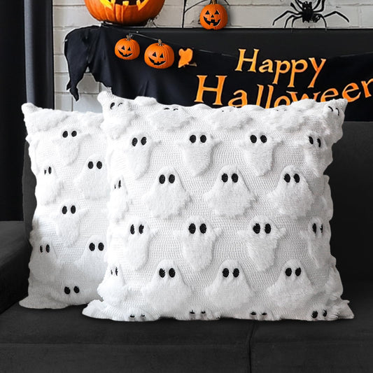 4TH Emotion Halloween Ghost Decorative Pillow Covers 16x16 Set of 2, White Soft Plush Faux Fur Farmhouse Throw Cushion Cases for Fall Autumn Holiday Home Decorations