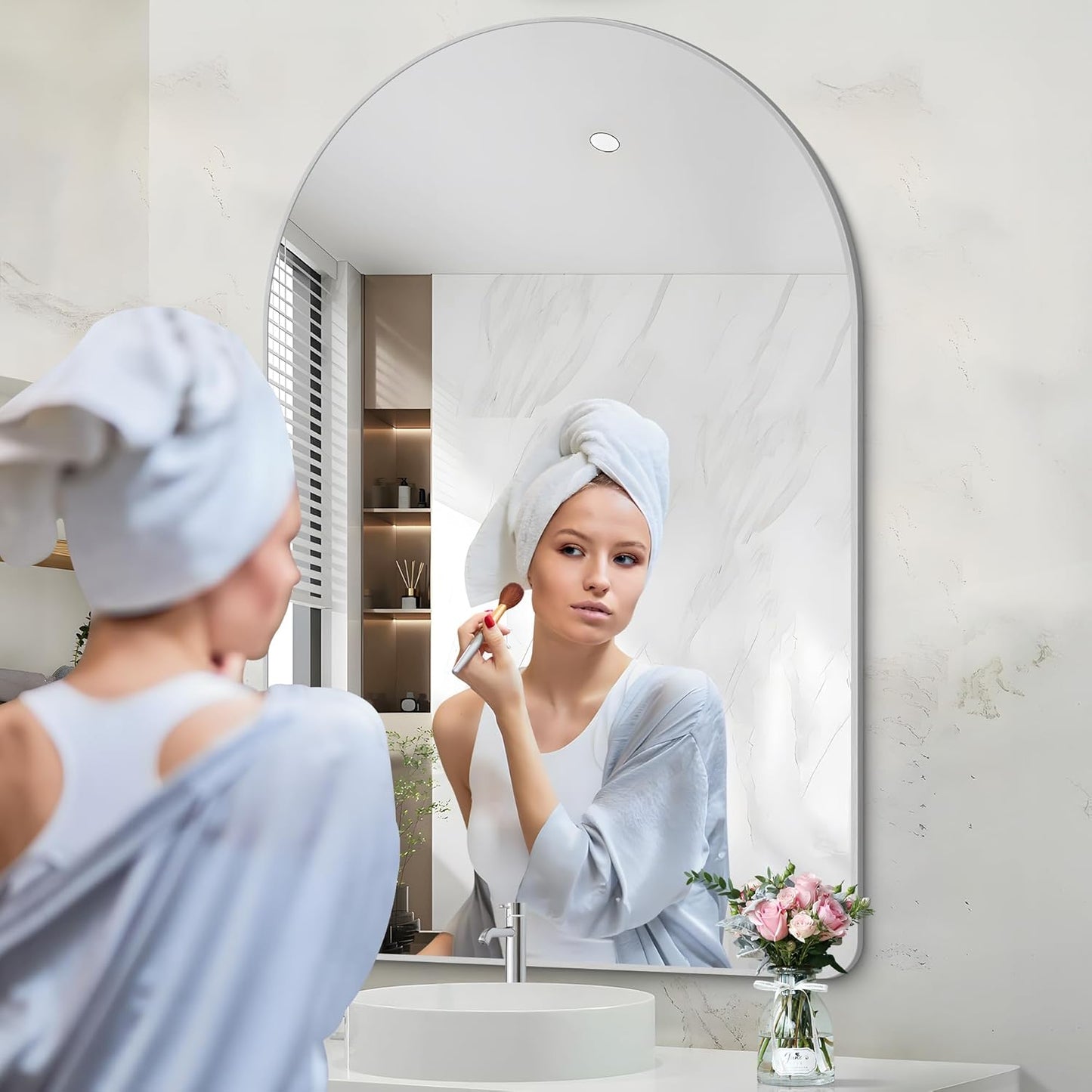 Arched Bathroom Mirror, 30"x48" Silver Arched Mirror for Bathroom, Wall Mounted Mirror, Silver Vanity Wall Mirror w/Metal Frame for Bedroom, Entryway, Living Room, Hanging or Leaning Against